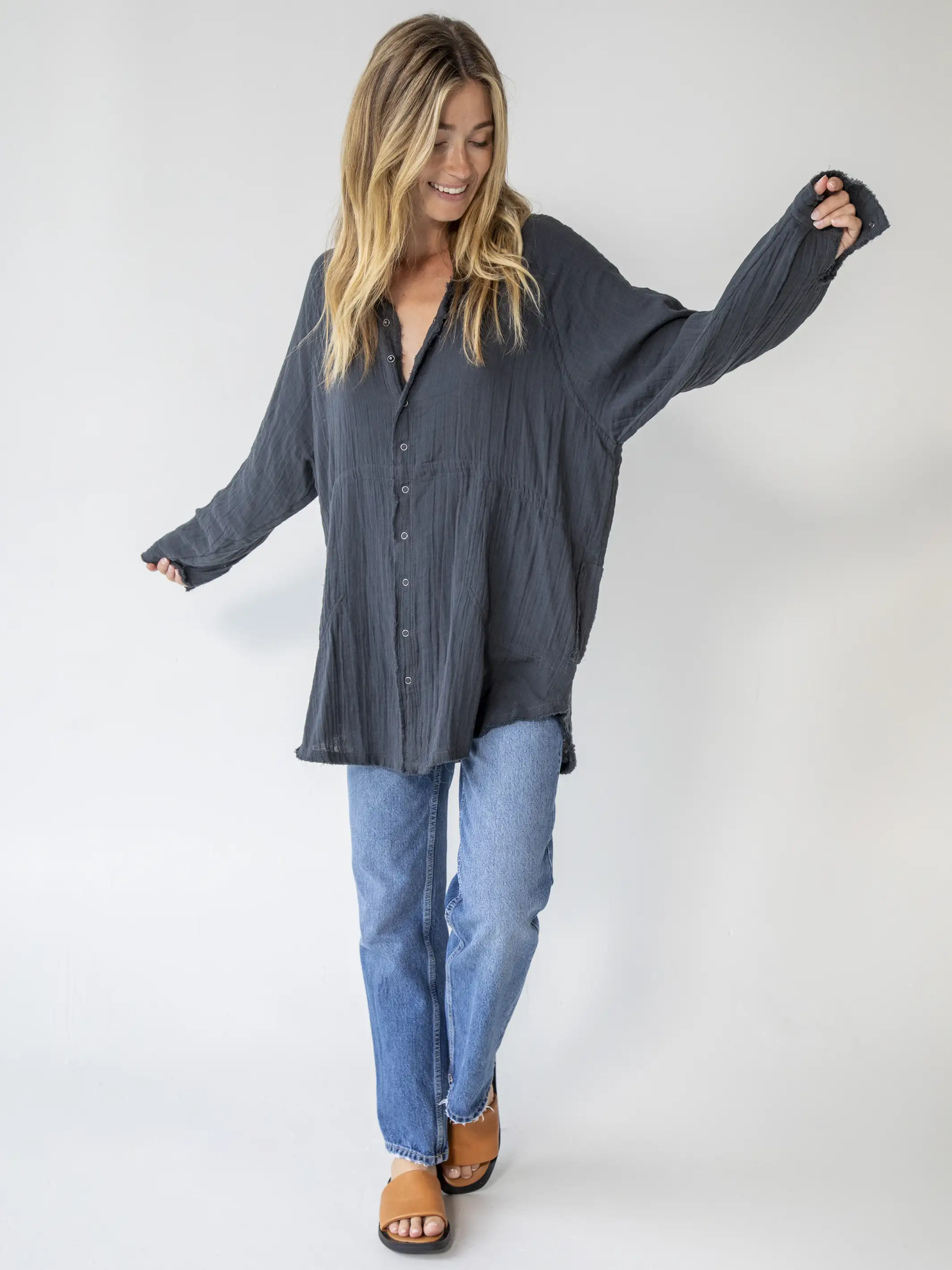 Laid Back Cotton Button Down Top - Charcoal - Image 5