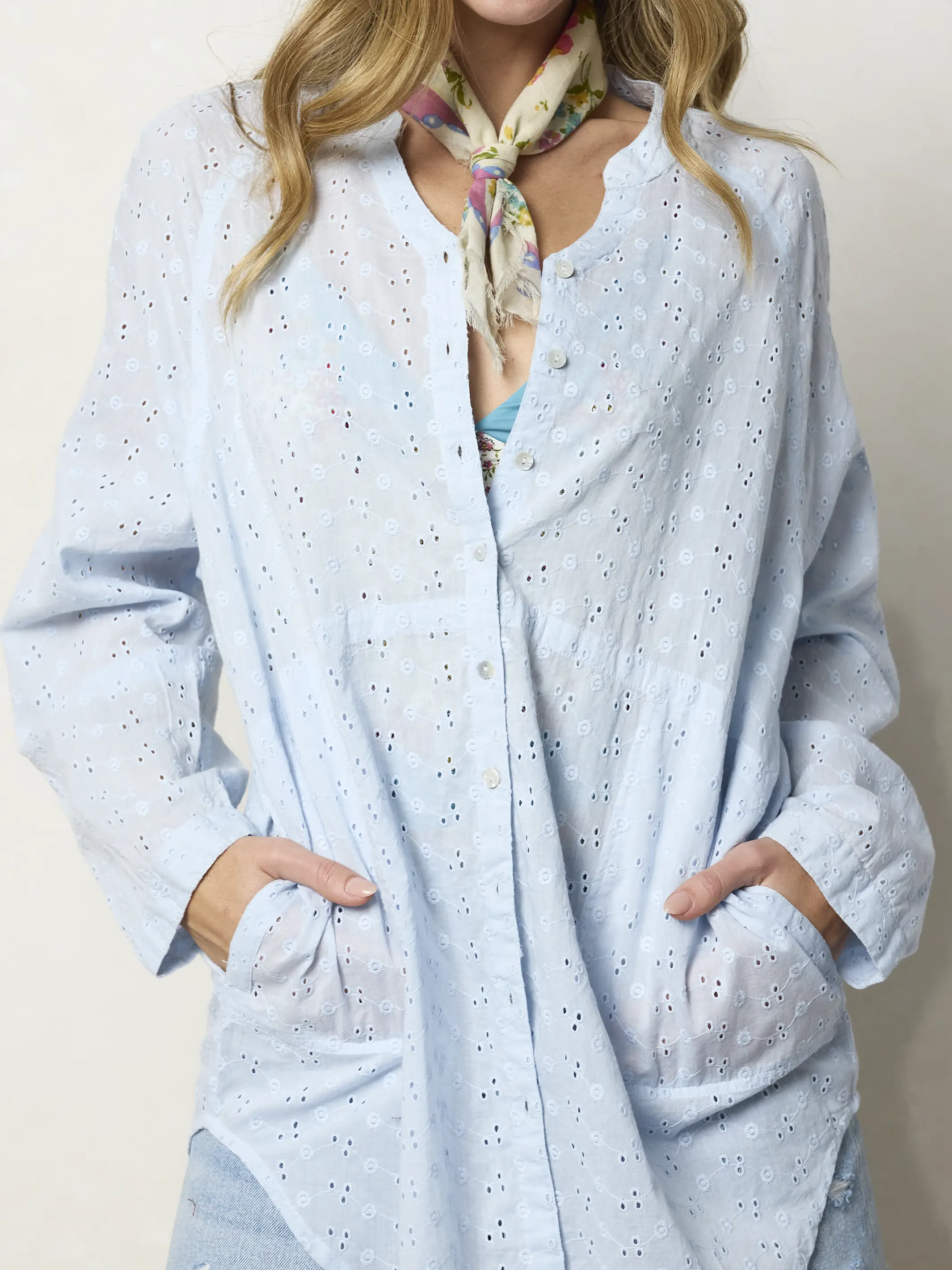 Laid Back Cotton Eyelet Button Down Top - Light Blue - Image 2