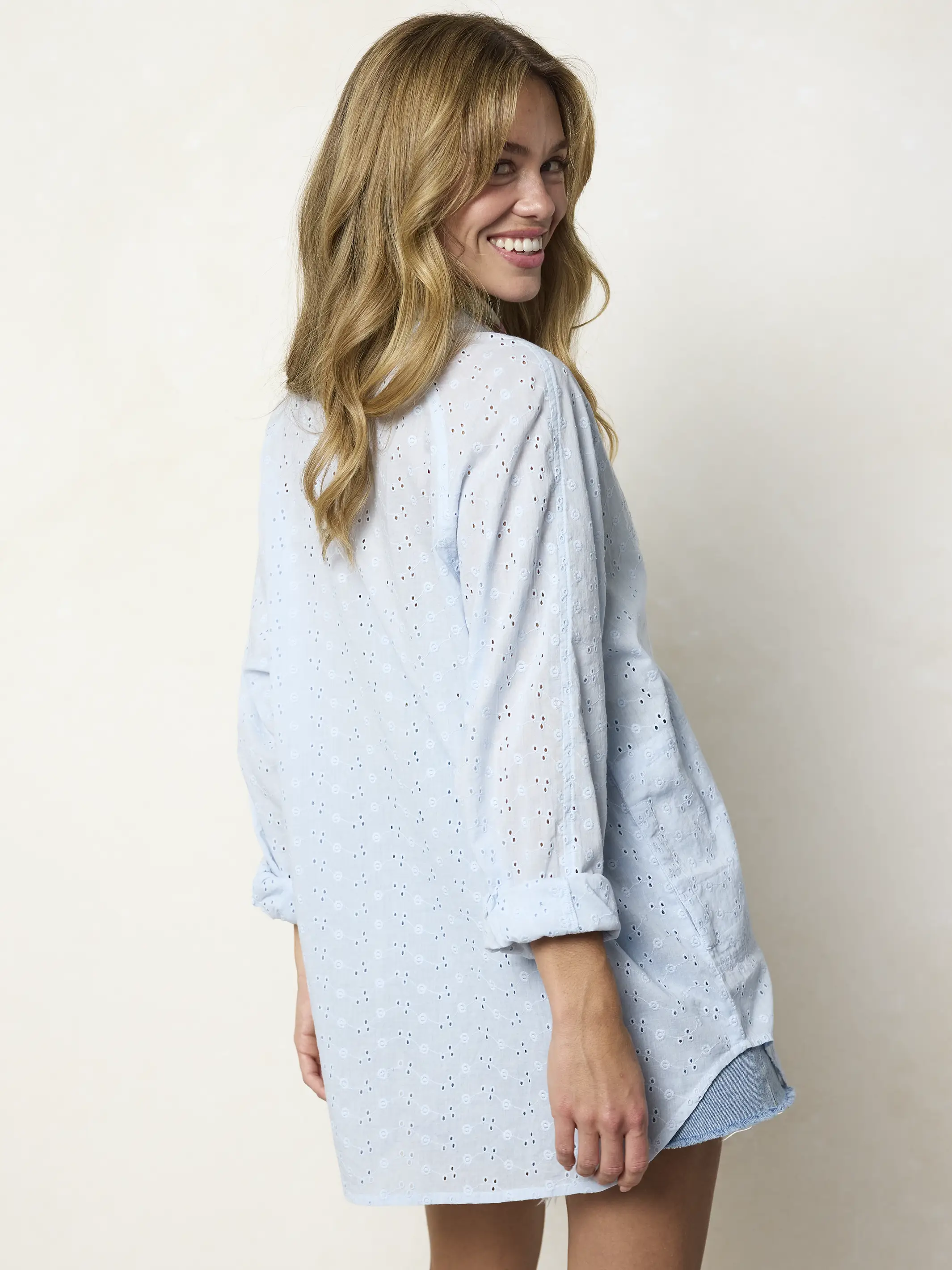 Laid Back Cotton Eyelet Button Down Top - Light Blue - Image 4