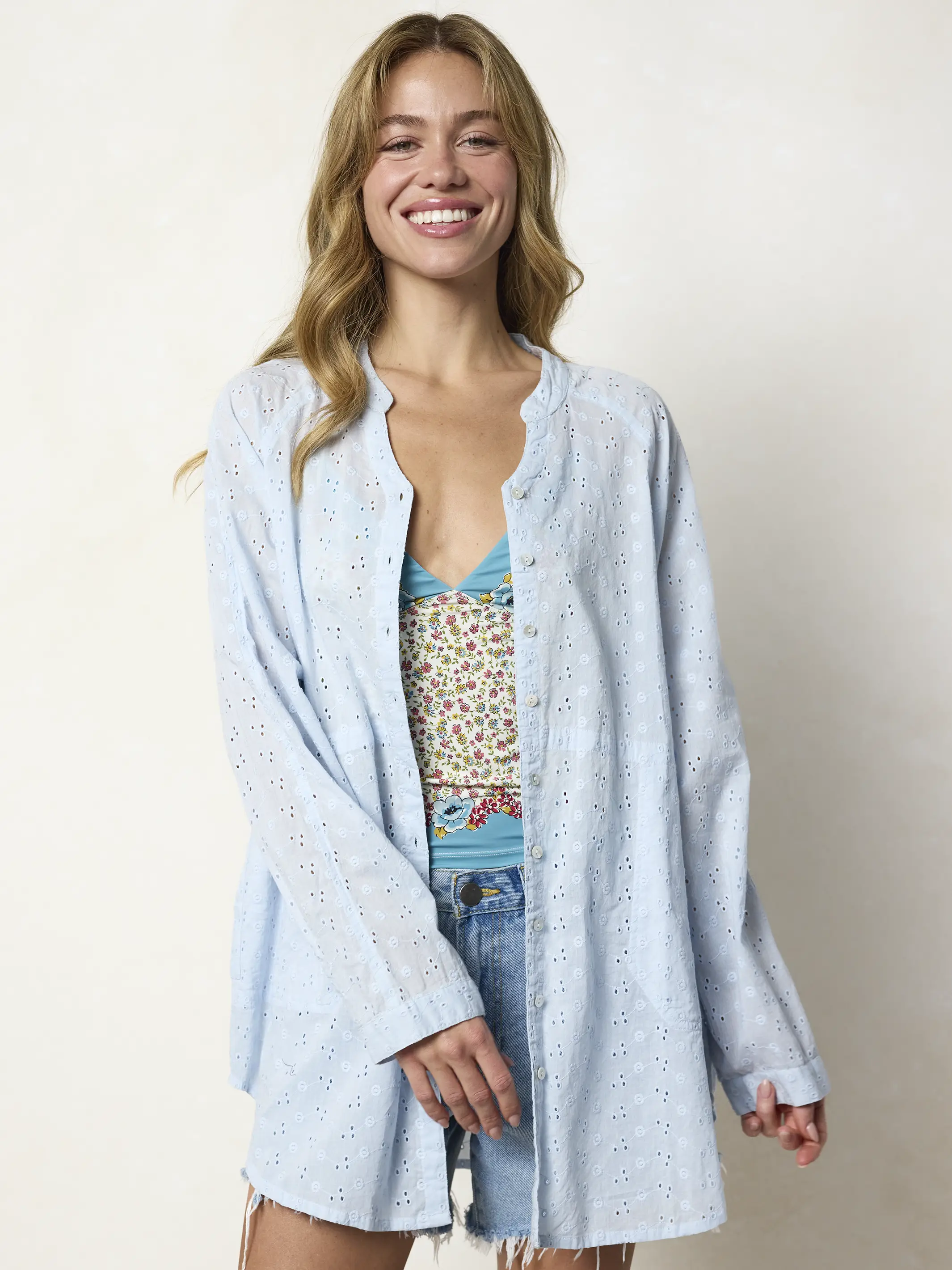 Laid Back Cotton Eyelet Button Down Top - Light Blue - Image 6