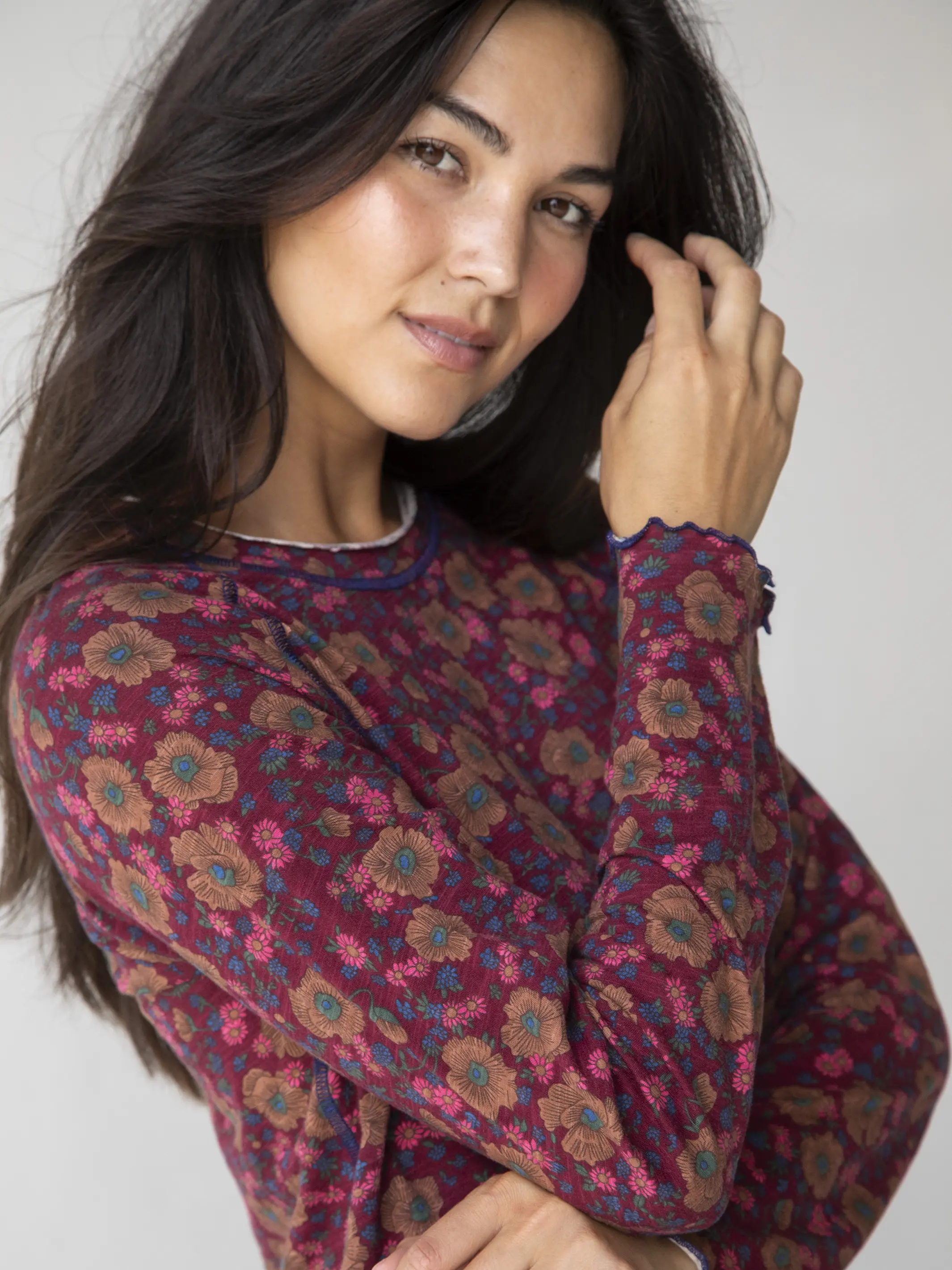 Lily Cotton Long Sleeve Tee Shirt - Cranberry Brown Floral - Image 2