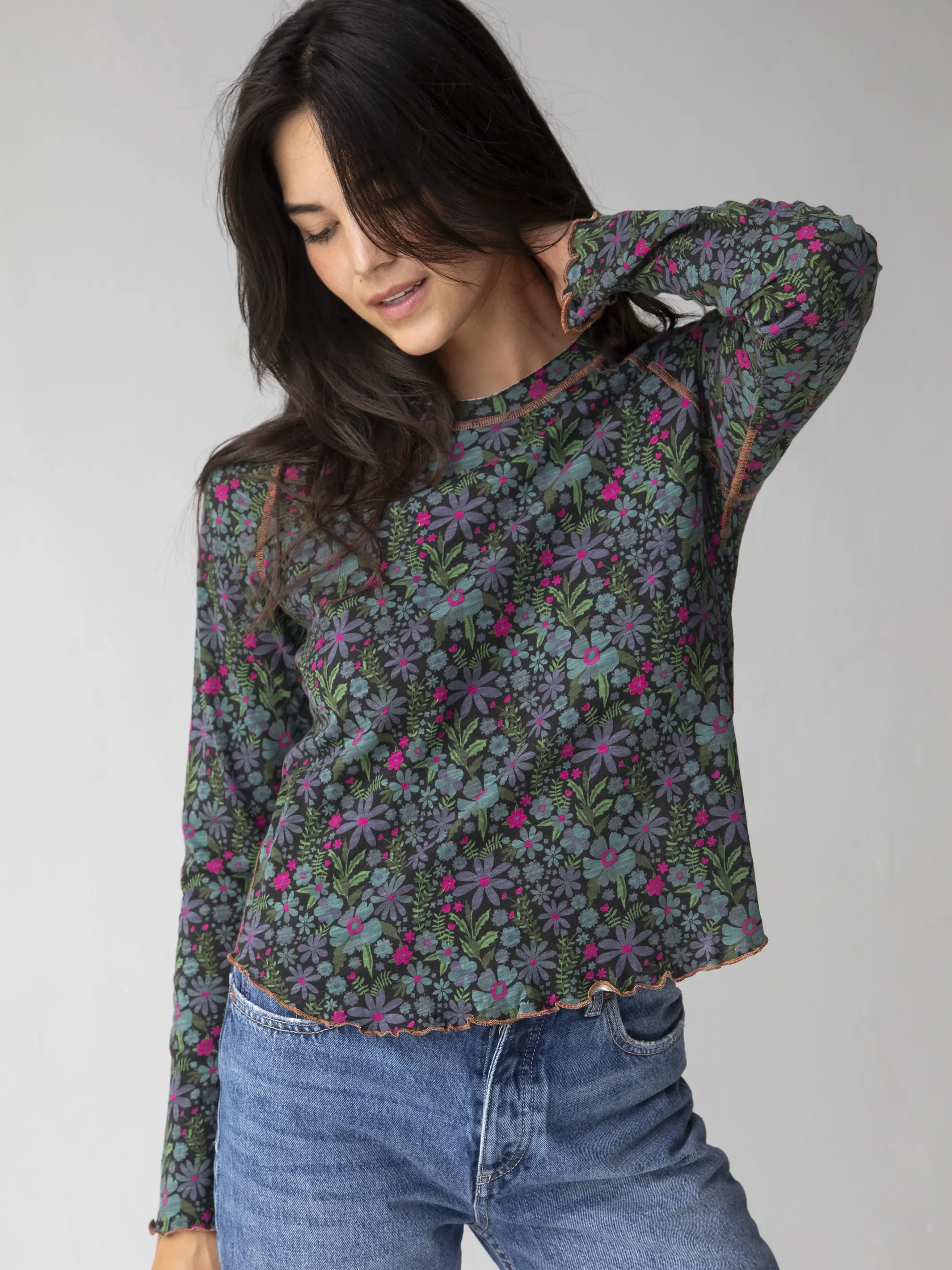 Lily Cotton Long Sleeve Tee Shirt - Dark Blue Garden - Image 3
