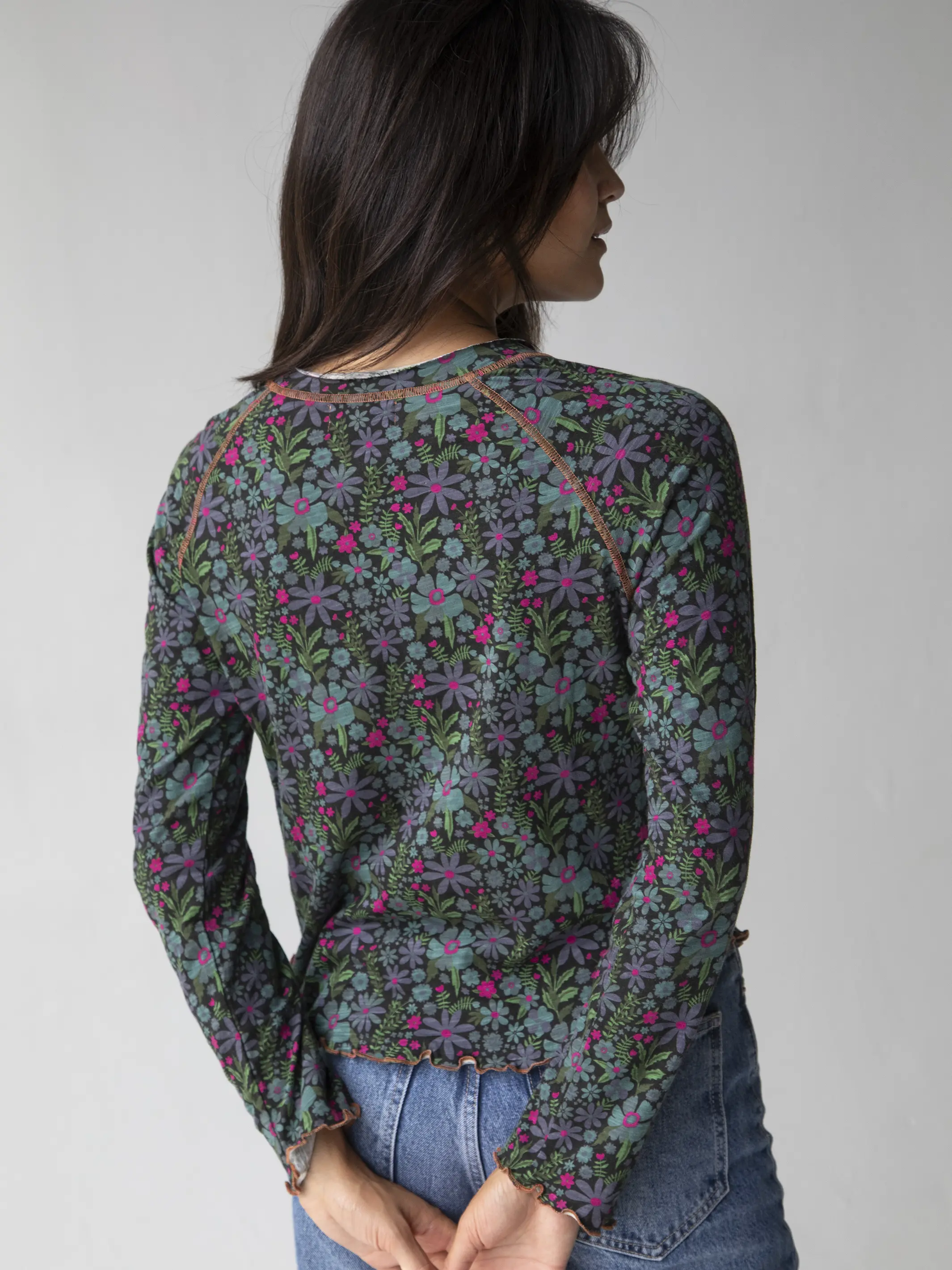 Lily Cotton Long Sleeve Tee Shirt - Dark Blue Garden - Image 4