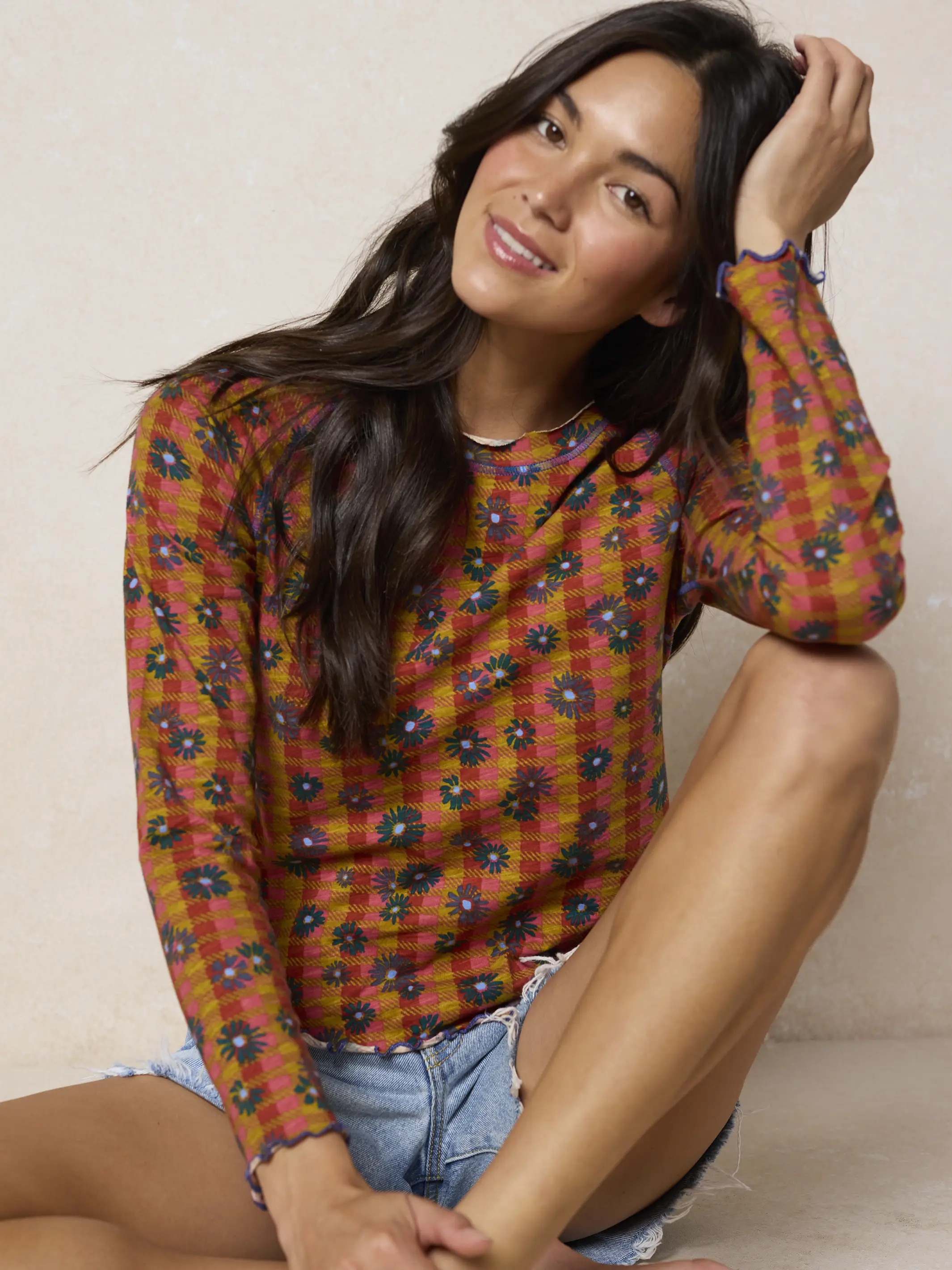 Lily Cotton Long Sleeve Tee Shirt - Hudson Valley Plaid Rust - Image 3