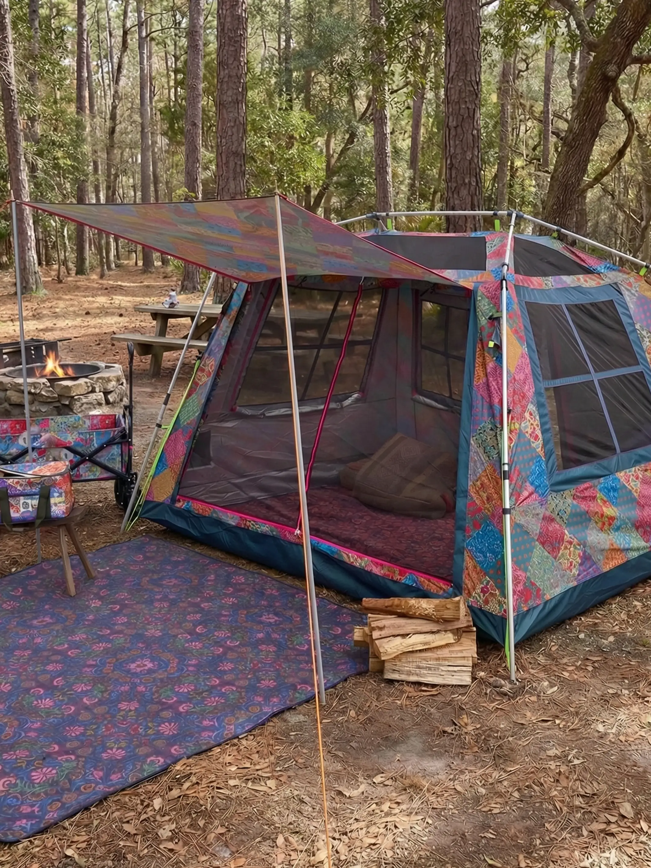 Live Happy Camping Tent - Bright Patchwork Zinnias - Image 2