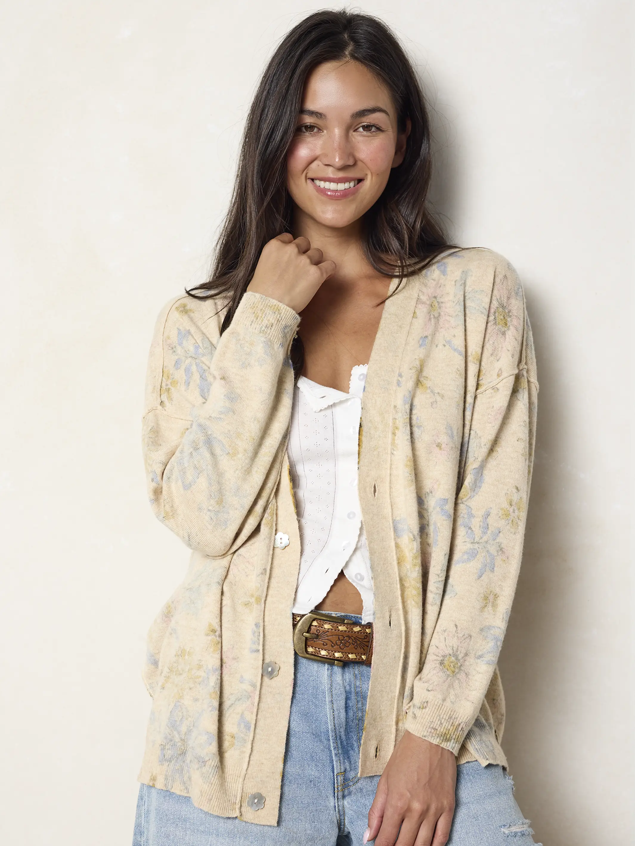 Live Happy Cardigan Sweater - Dahlia Flora Ivory - Image 3