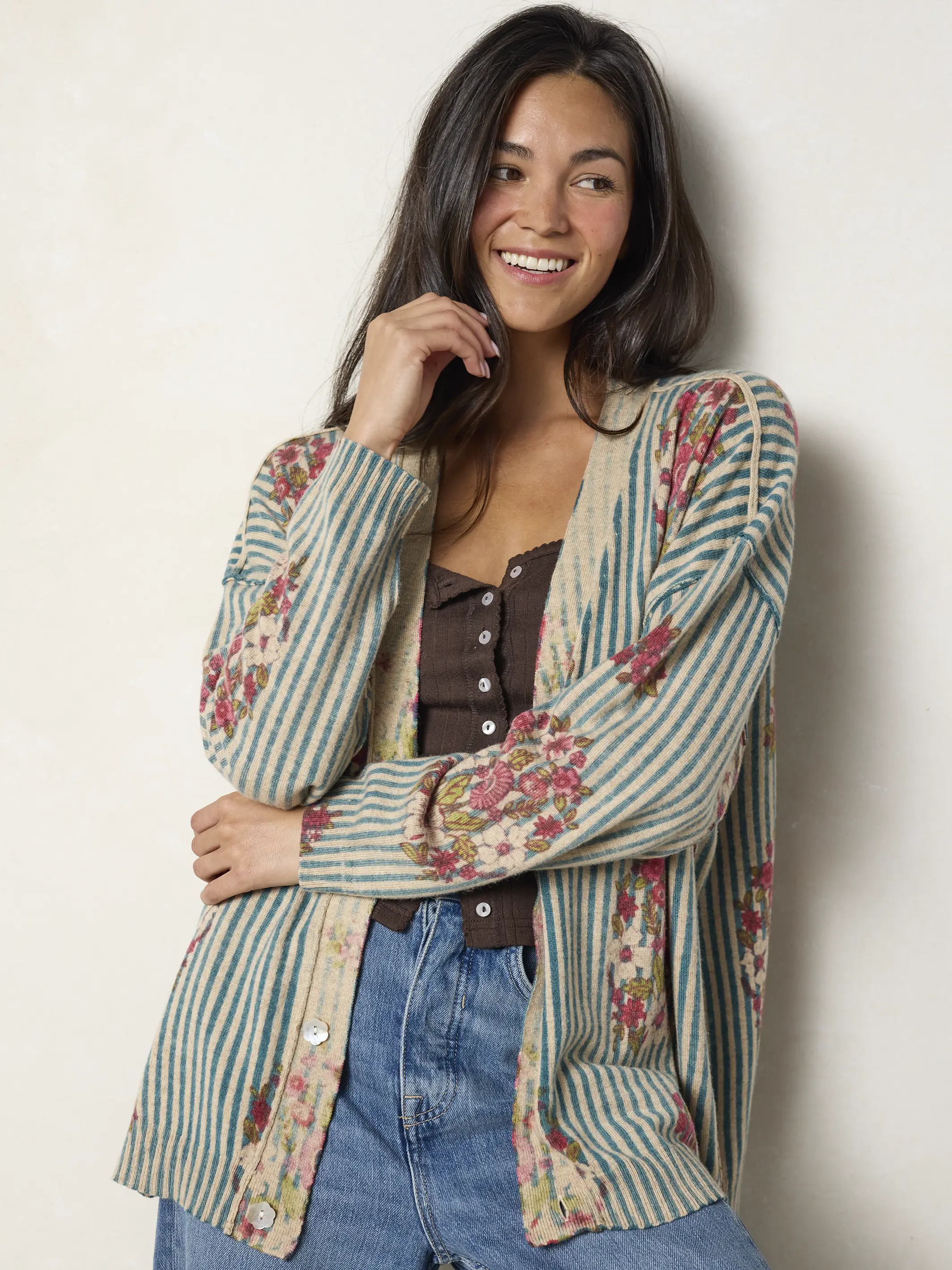 Live Happy Cardigan Sweater - Jaipur Stripe Washed Teal - Image 3