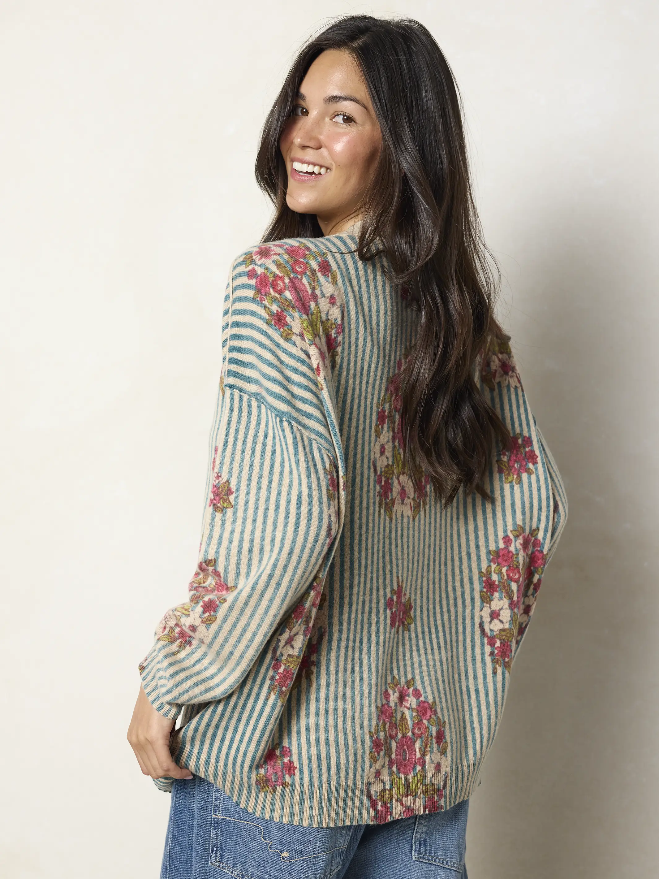 Live Happy Cardigan Sweater - Jaipur Stripe Washed Teal - Image 4