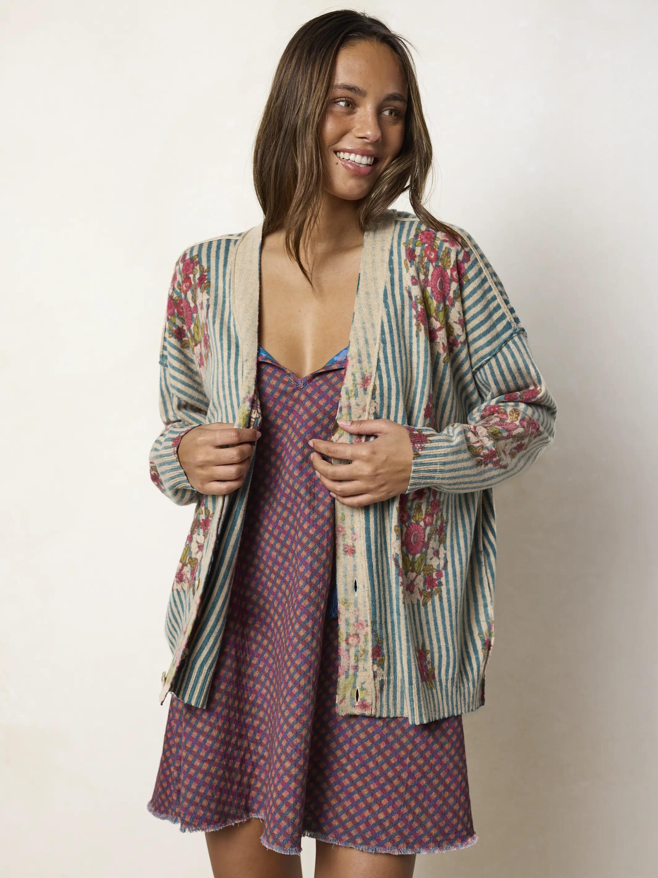 Live Happy Cardigan Sweater - Jaipur Stripe Washed Teal - Image 5