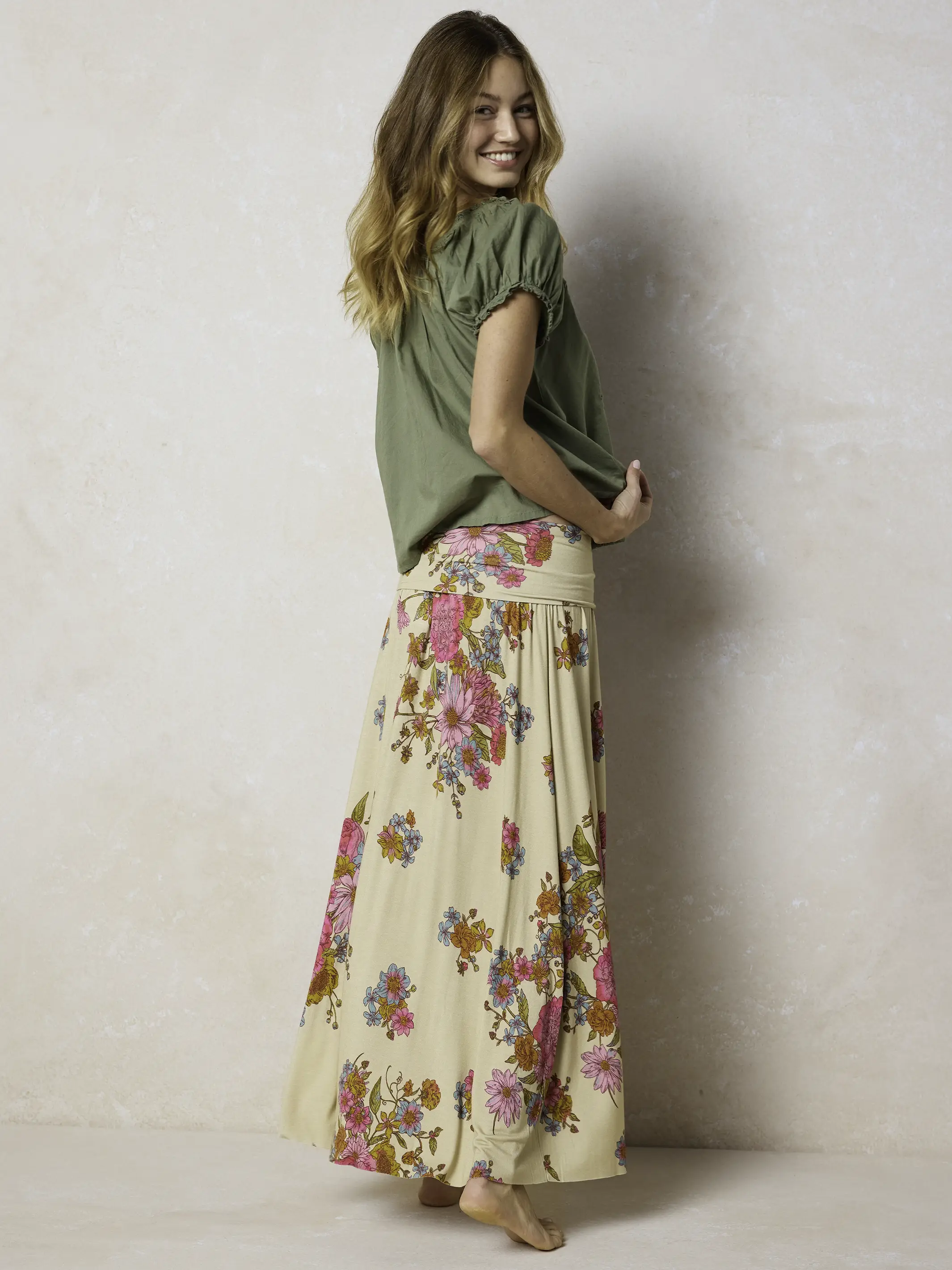 Live-In-It Knit "ButterSoft" Maxi Skirt - English Garden Cream - Image 4