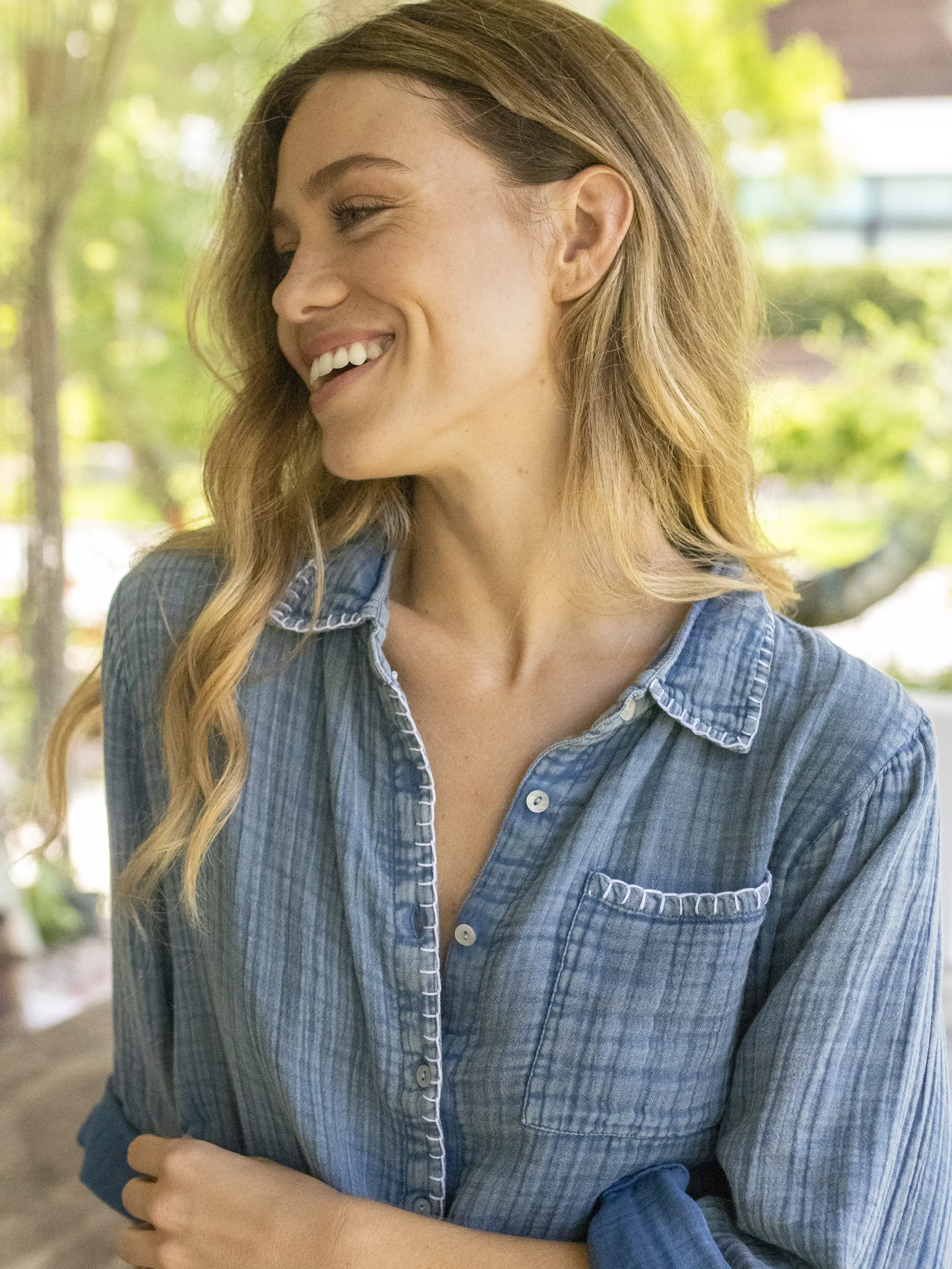 Lola Tie Cotton Button Down - Denim - Image 2