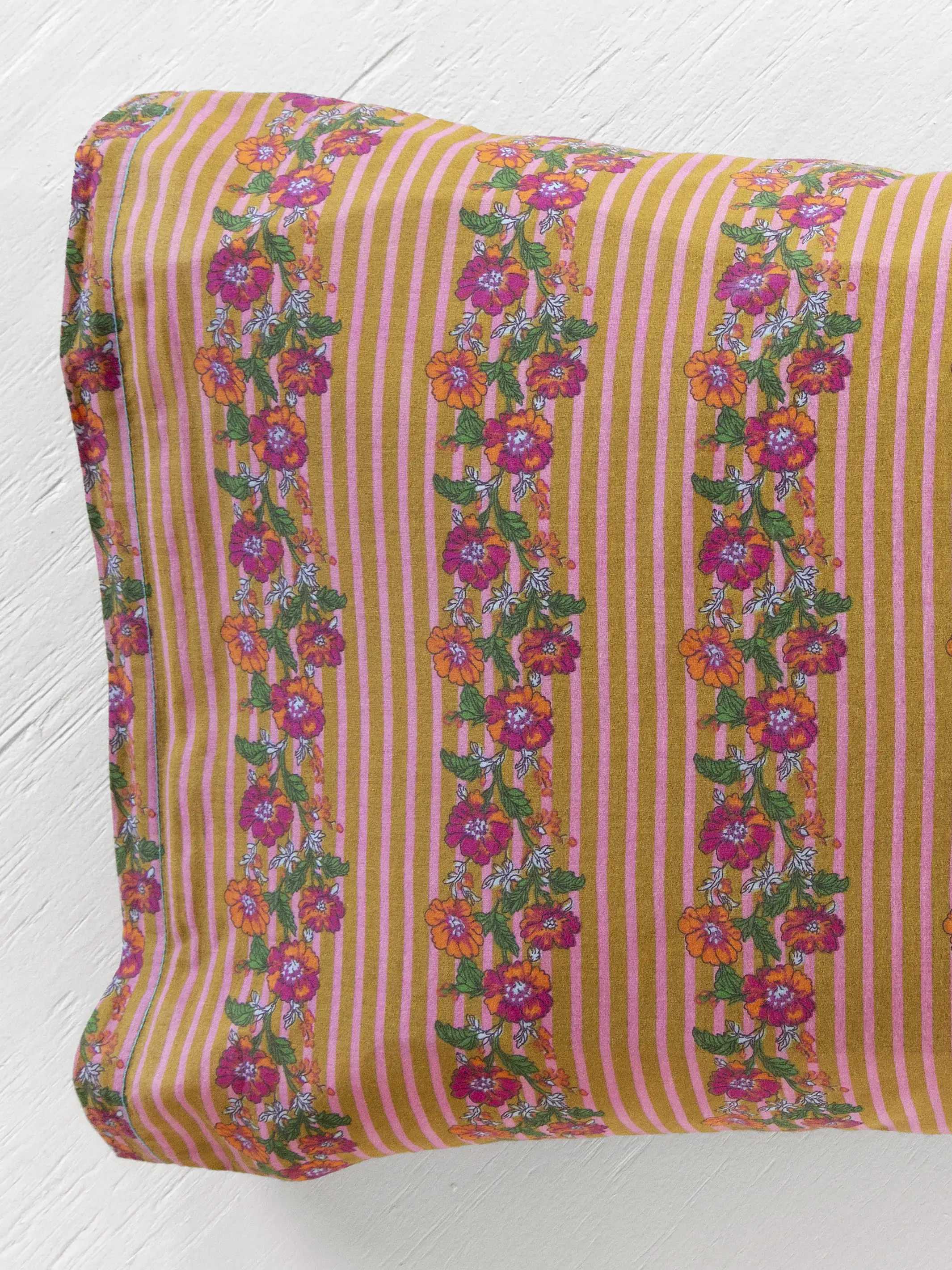 Mix & Match Cotton Pillowcase, Single - Pink Floral Stripe - Image 3