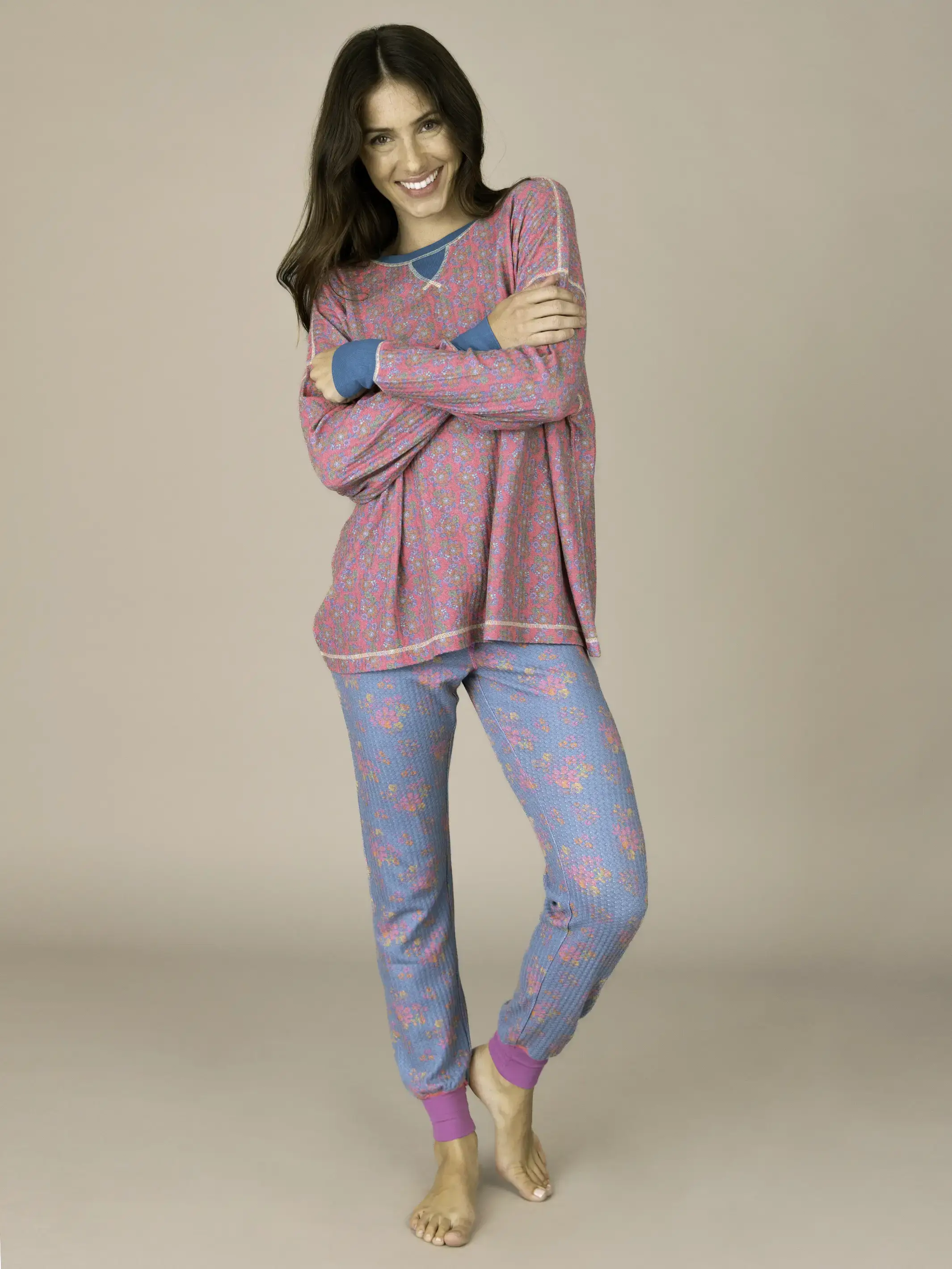 Mix & Match Waffle Long Johns - Turquoise Floral Bouquets - Image 3