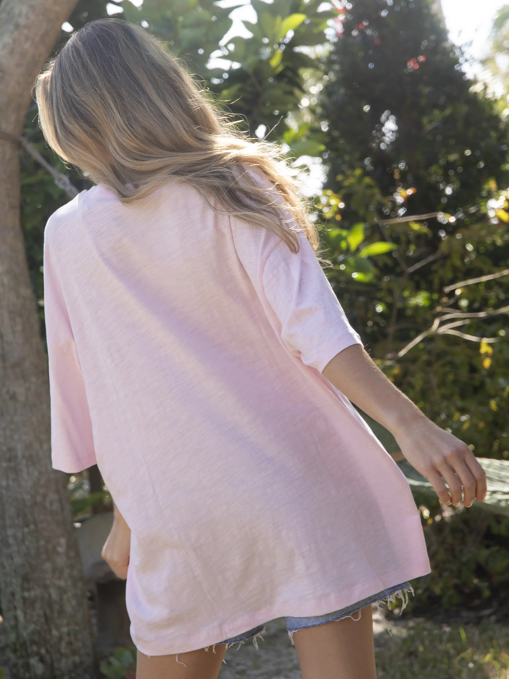 Oversized Cotton Applique Tee - Light Pink Peace Sign - Image 3