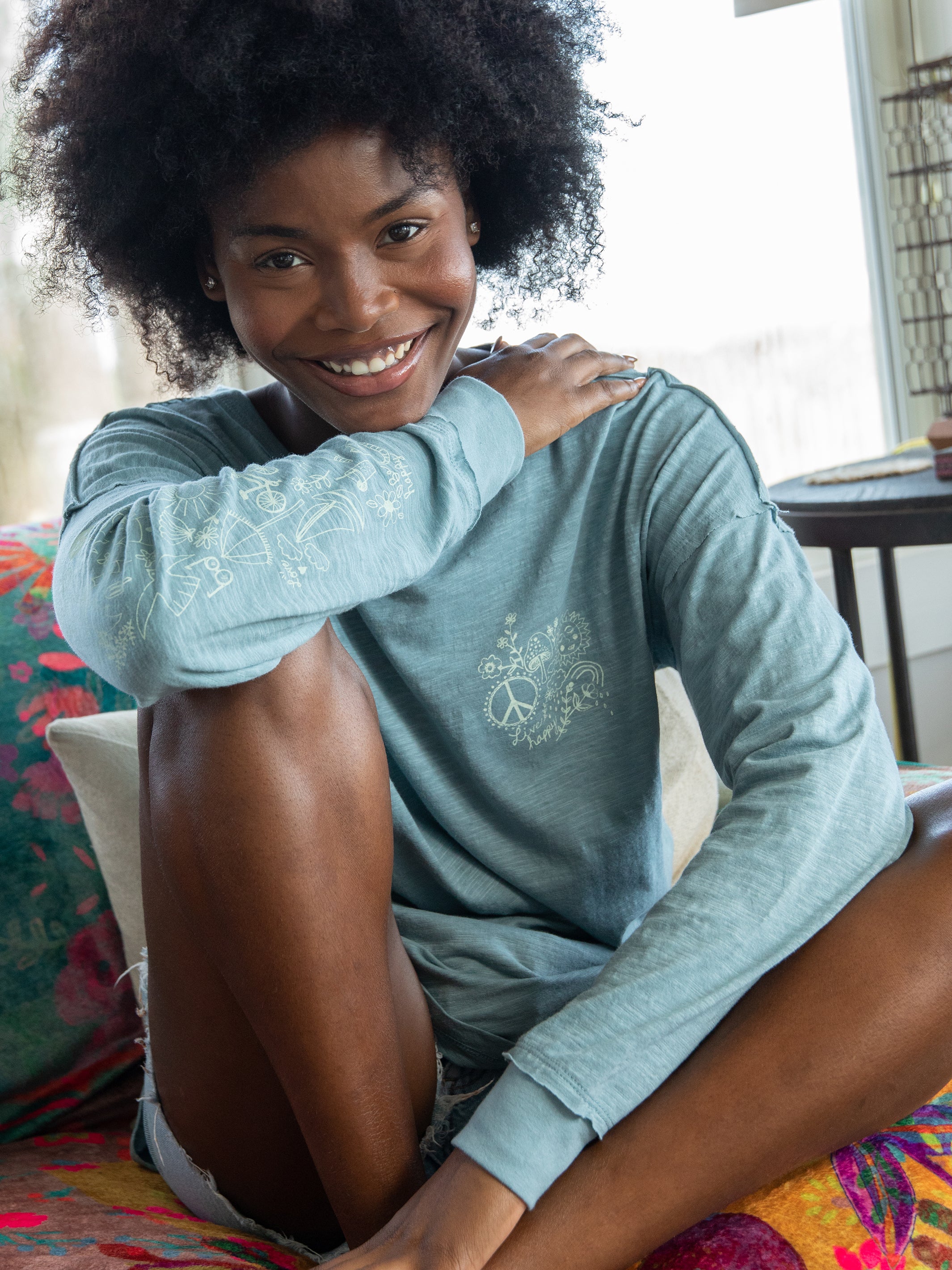 Oversized Cotton Doodle Tee - Light Blue - Image 2
