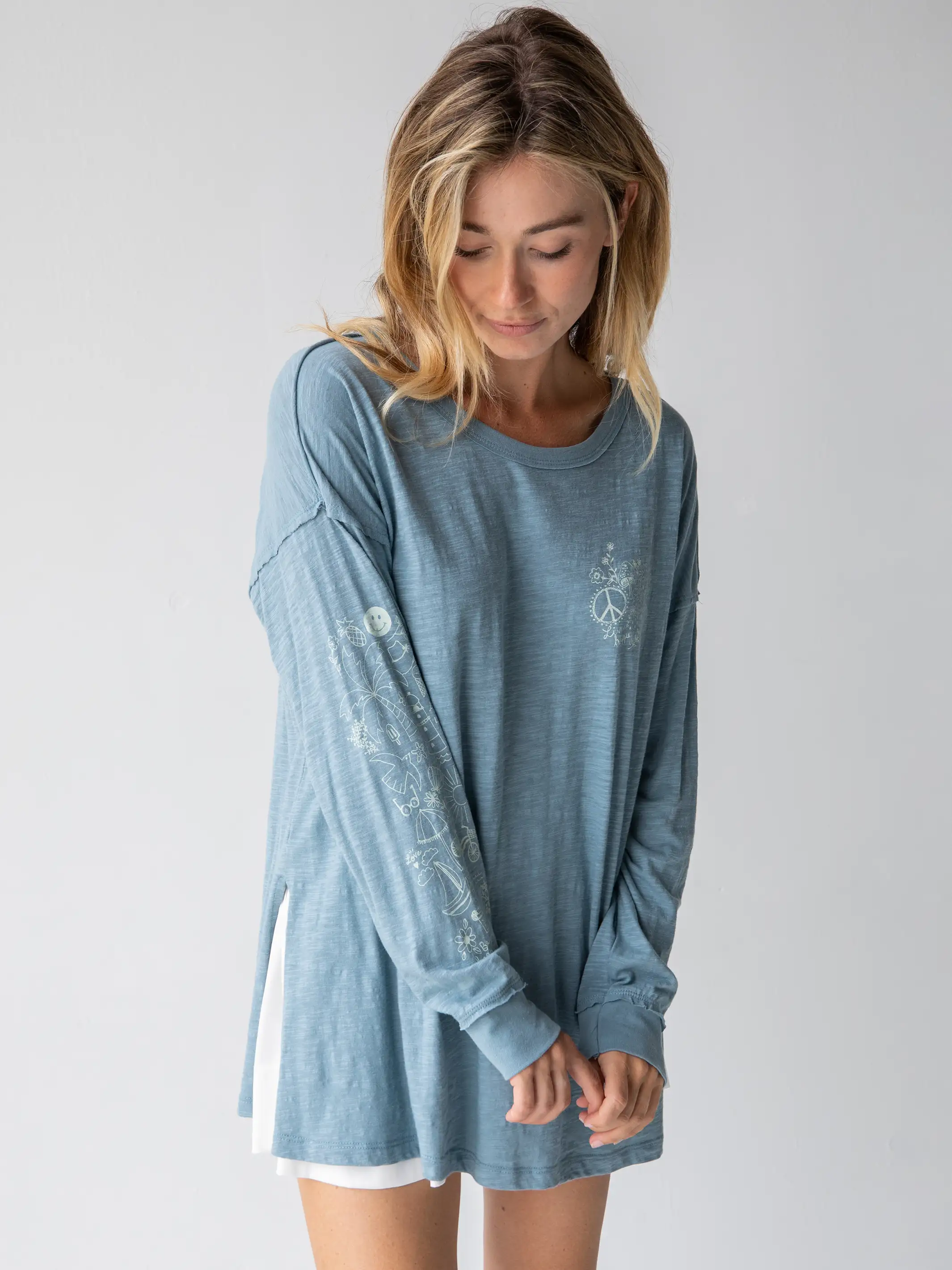 Oversized Cotton Doodle Tee - Light Blue - Image 3