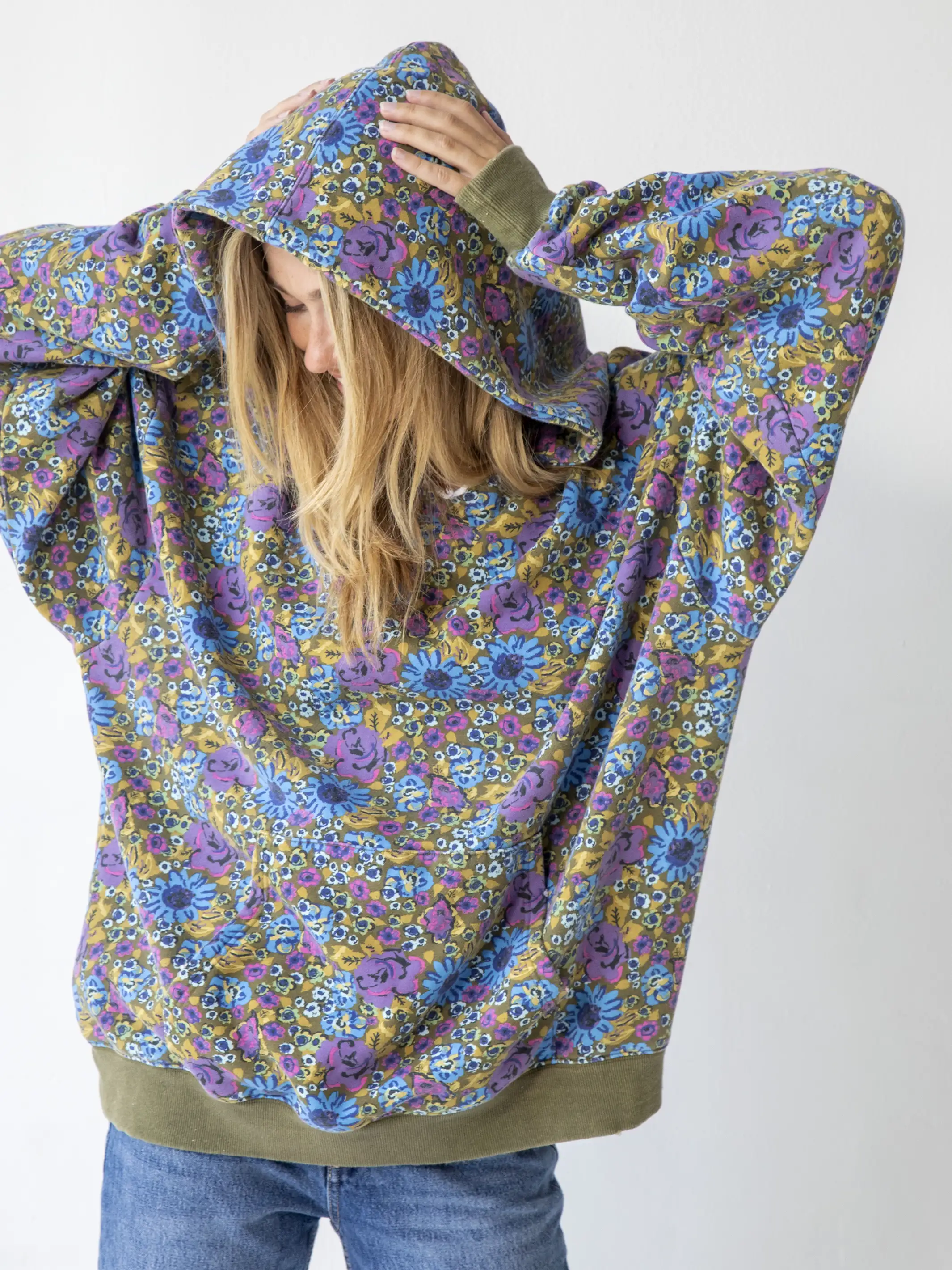 Oversized Printed Hoodie - Blue Purple Daisy - Image 2
