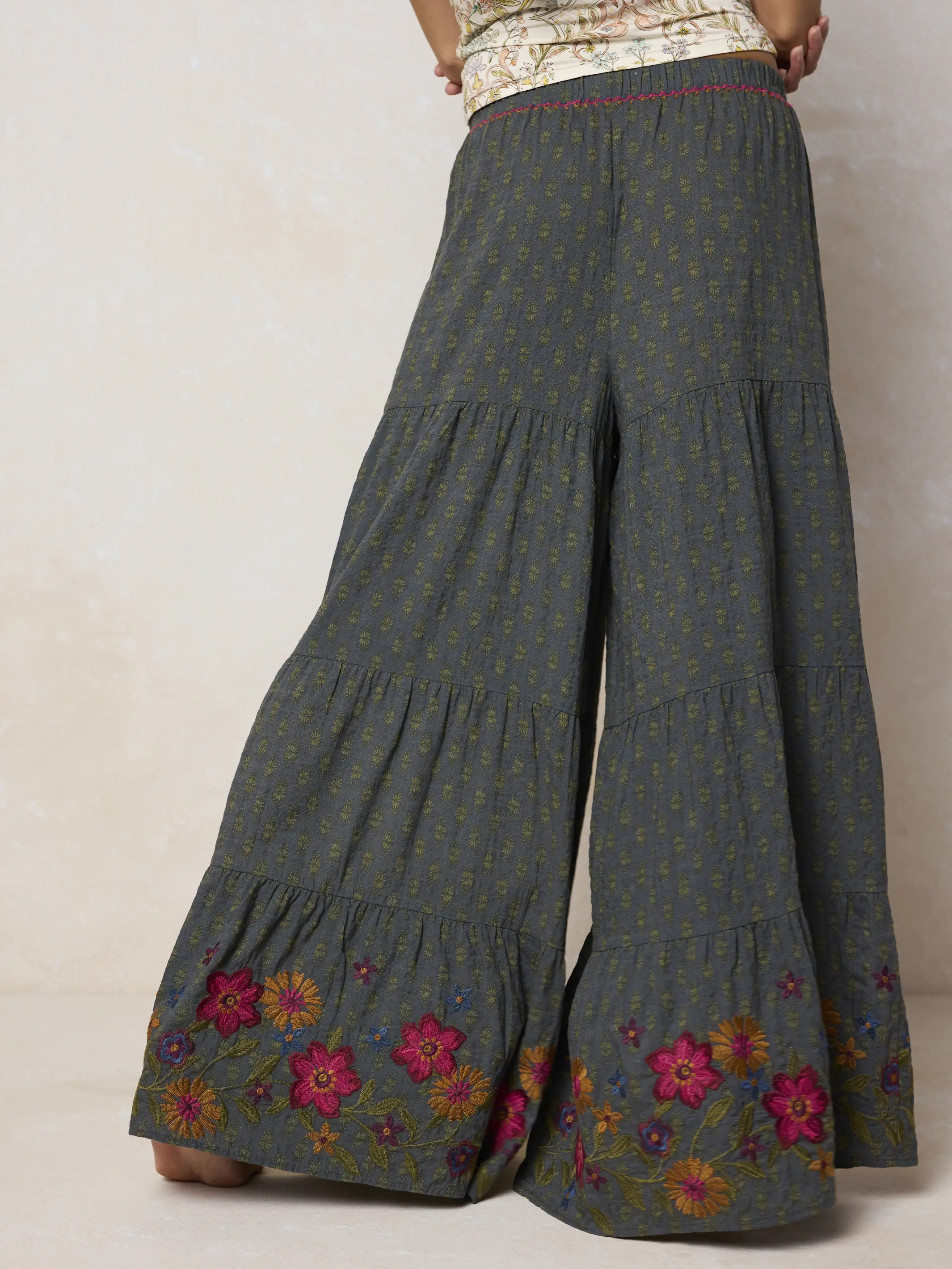 Patti Embroidered Palazzo Pants - Alma Stamp Charcoal - Image 4