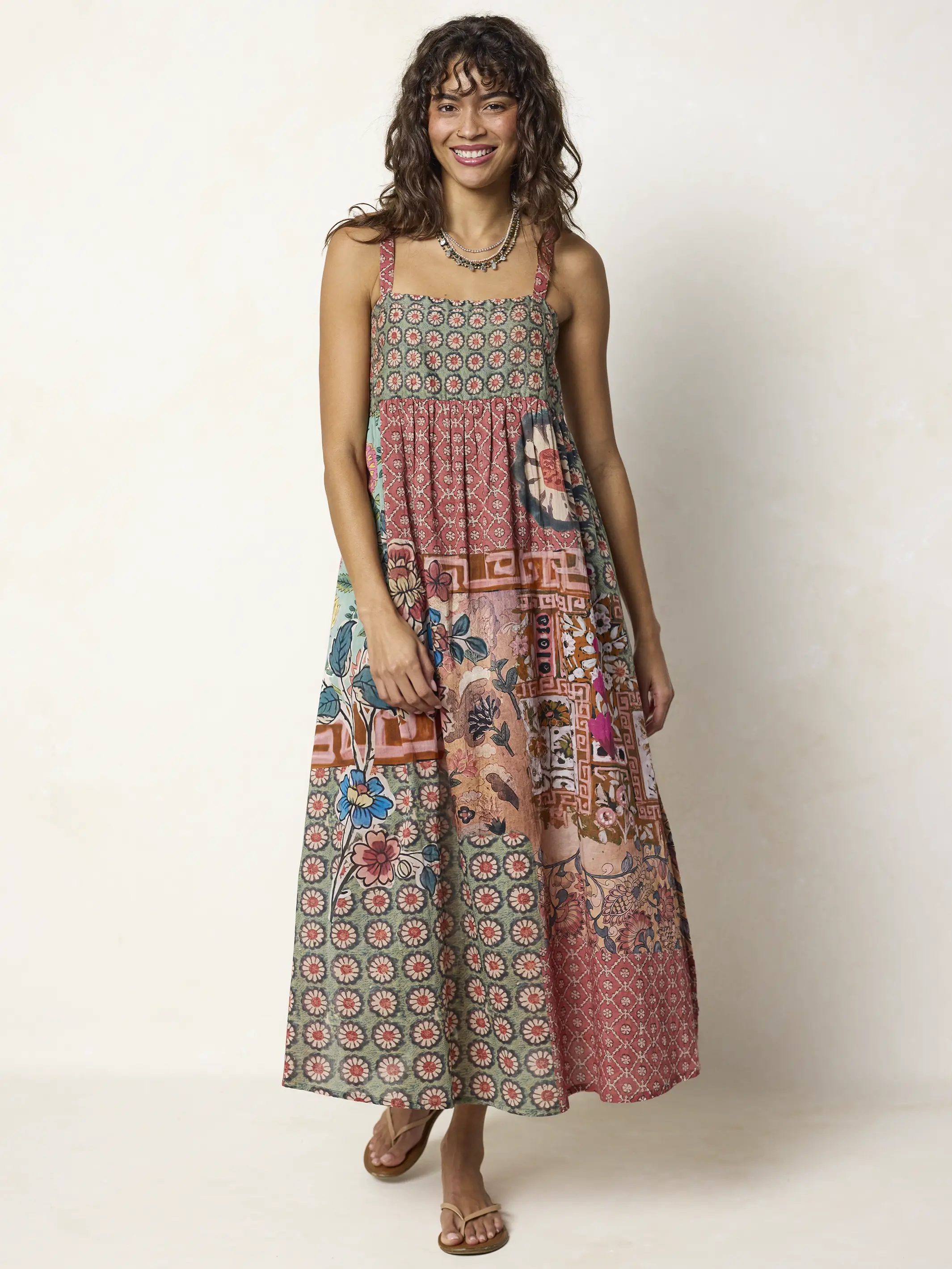 Patti Side Slit Cotton Maxi Dress - Patchwork Medallion Floral - Image 3