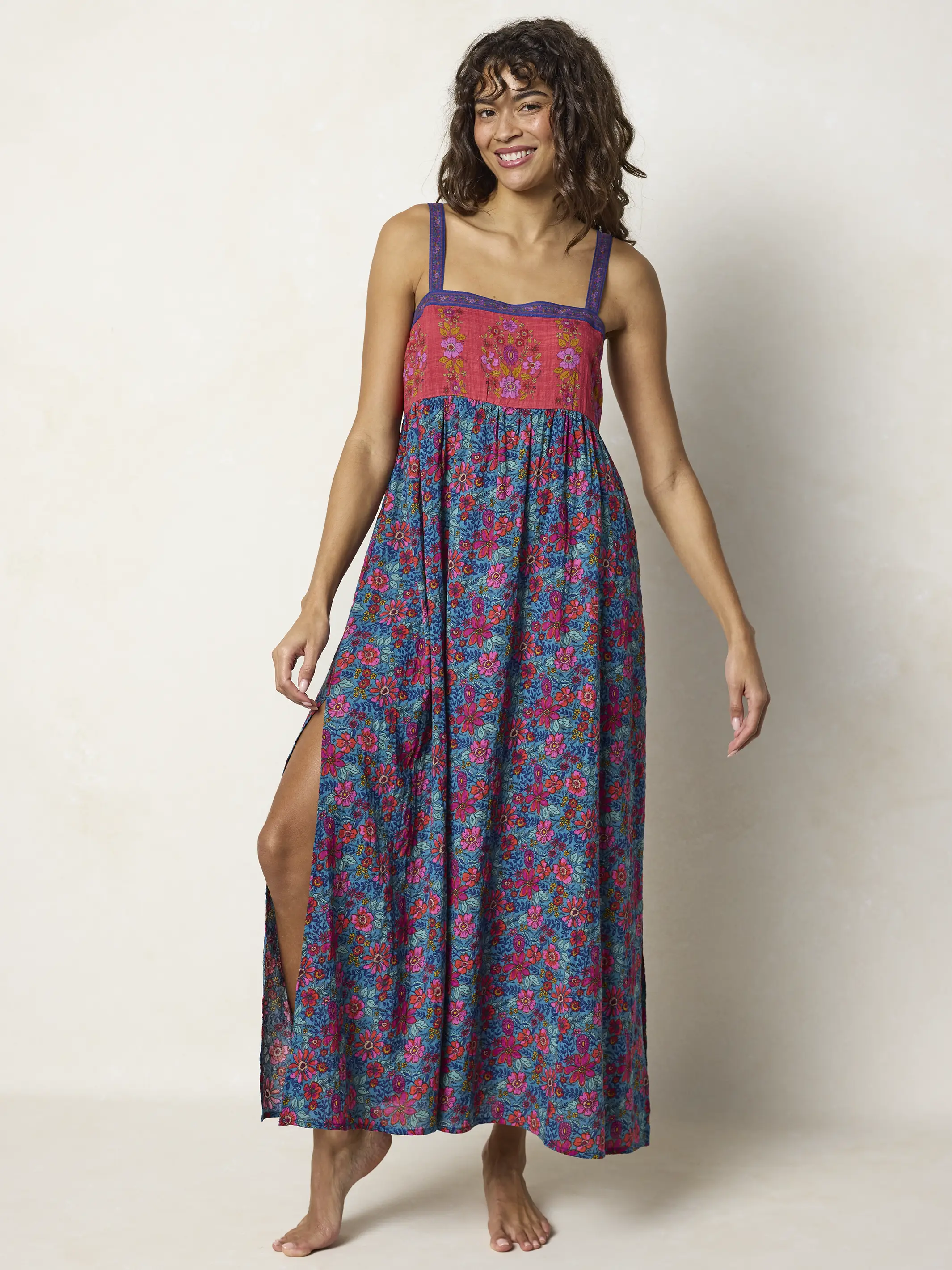 Patti Side Slit Maxi Dress - Teal Boho Border Scarf - Image 7