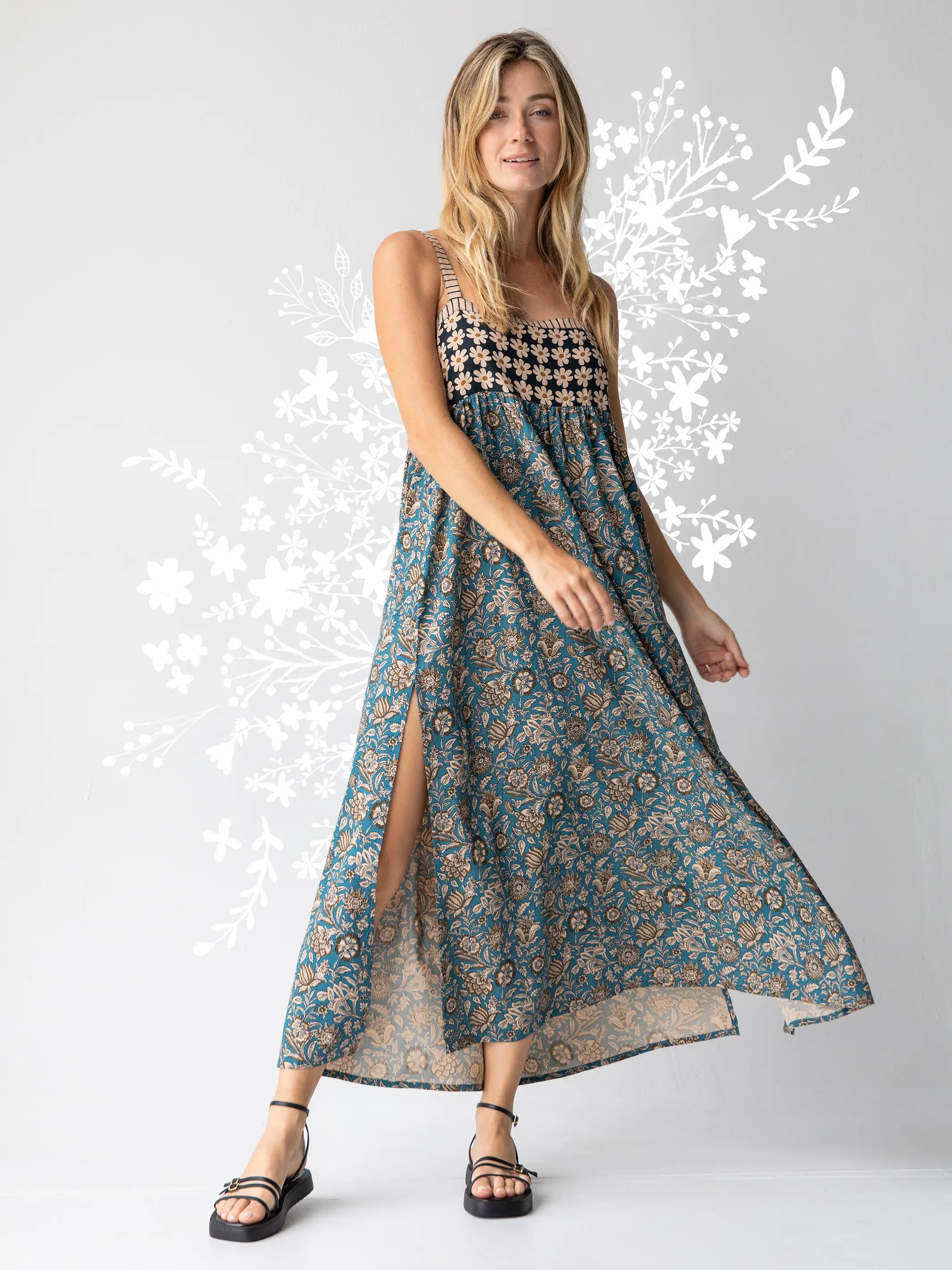 Patti Side Slit Maxi Dress - Teal Cream Mixed Floral - Image 4
