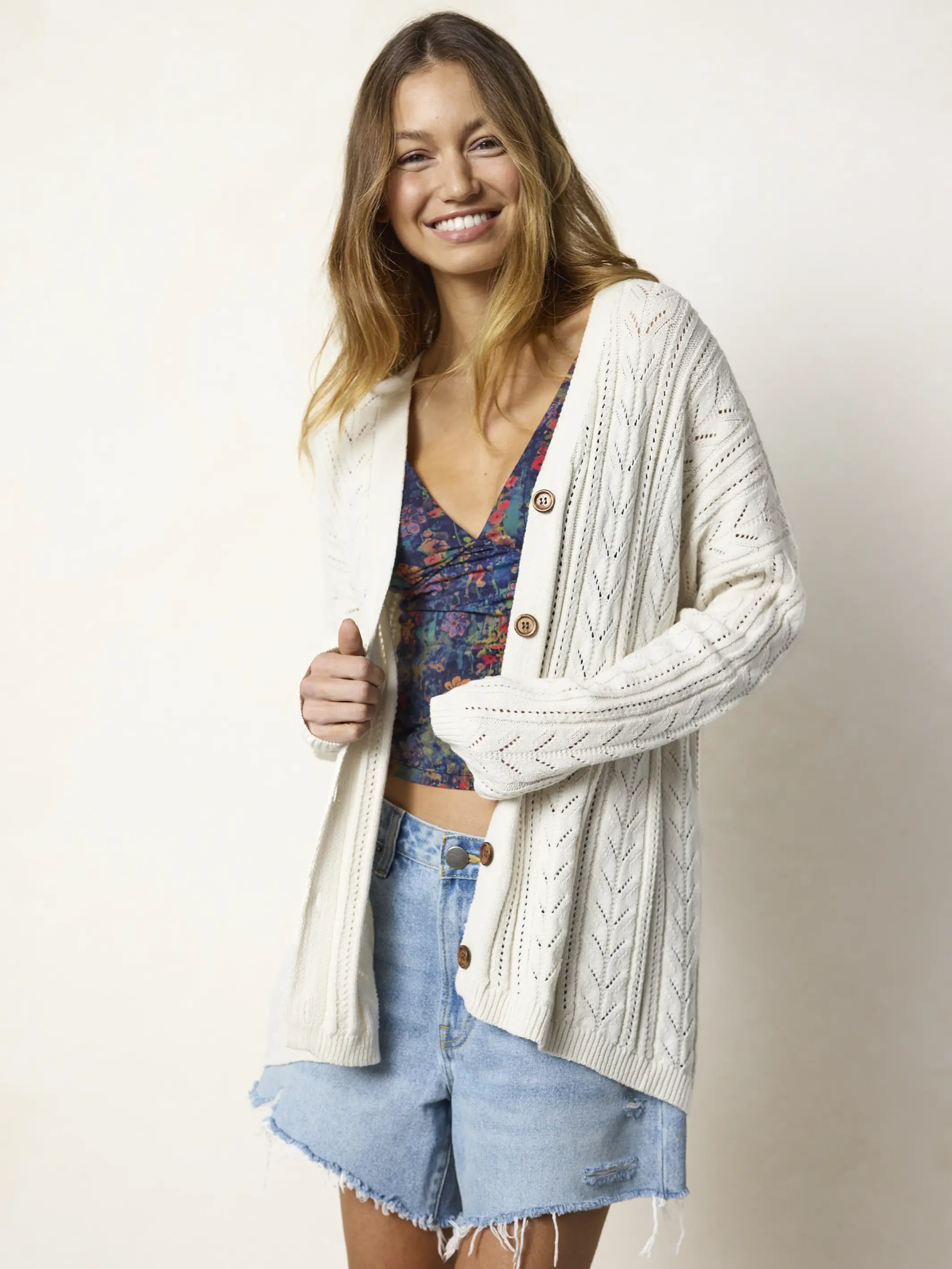 Pointelle Grandpa Cardigan - Cream - Image 4
