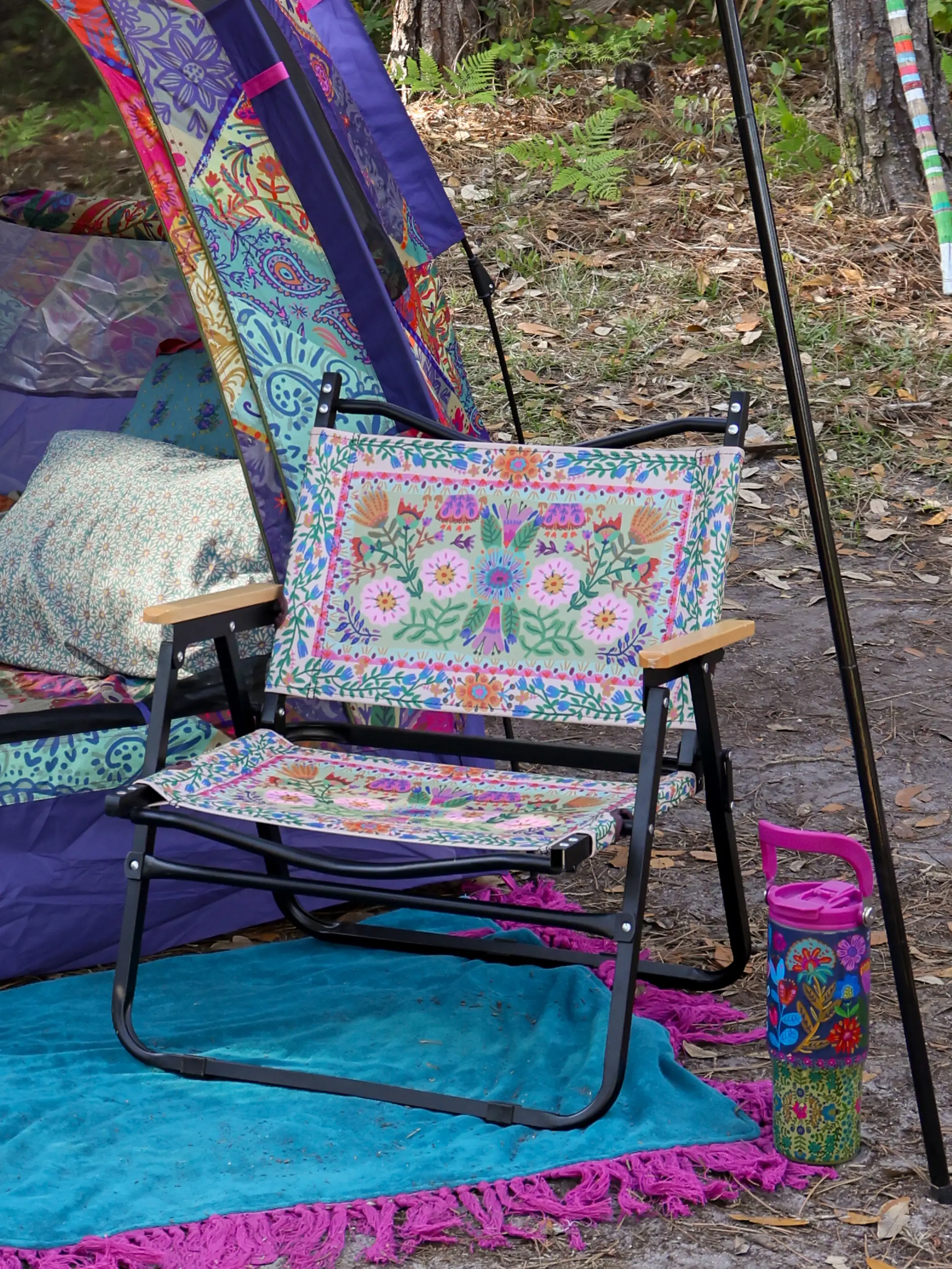 Portable Outdoor Folding Chair - Light Turquoise Flower - Image 5