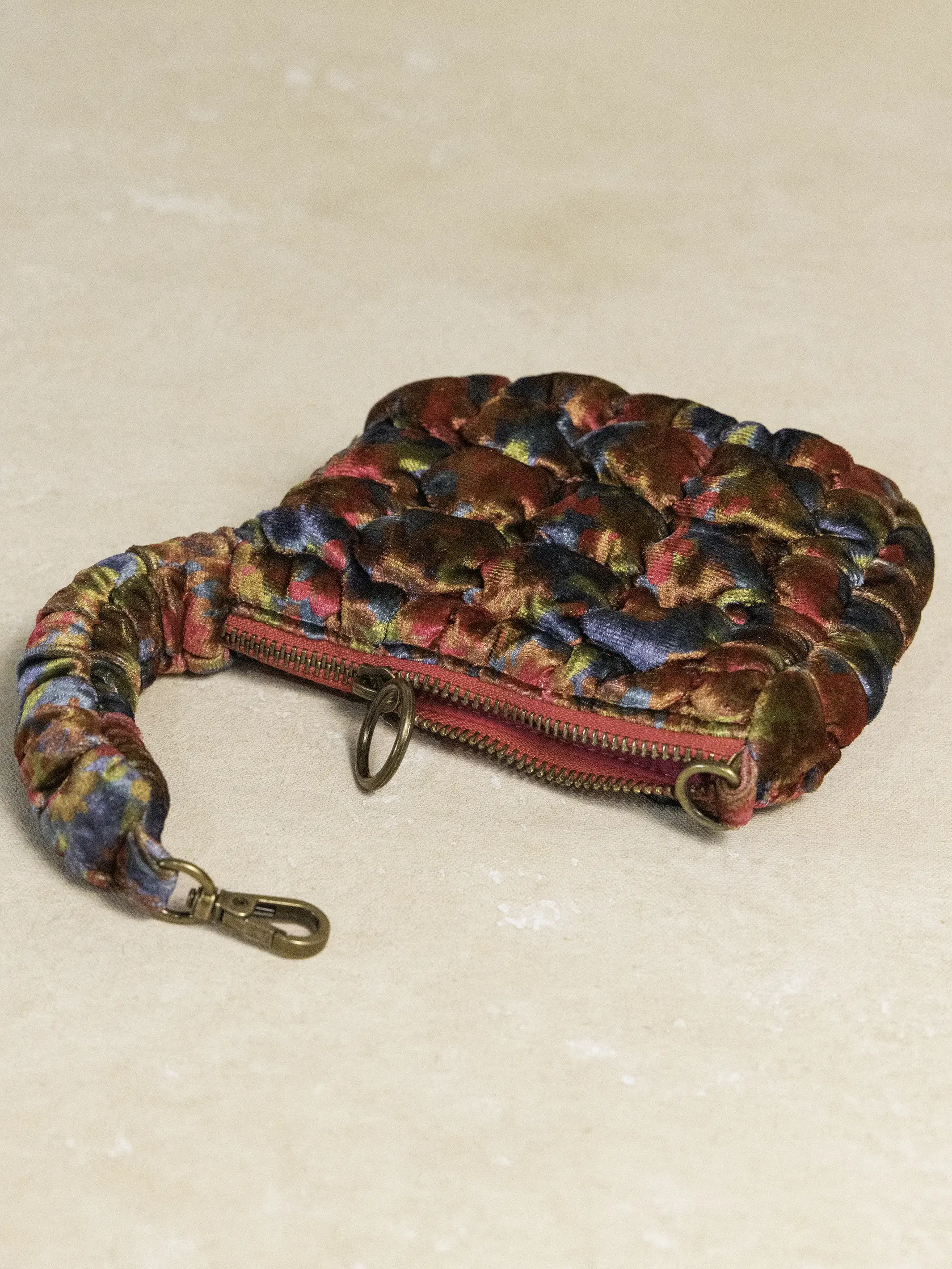 Puffy Velvet Mini Clip-On Pouch - Teal Pink Floral Velvet - Image 4