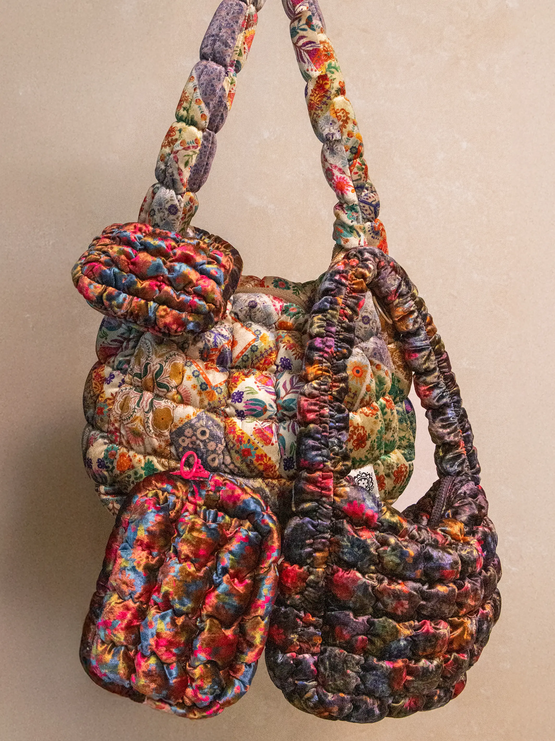 Puffy Velvet Mini Clip-On Pouch - Teal Pink Floral Velvet - Image 5