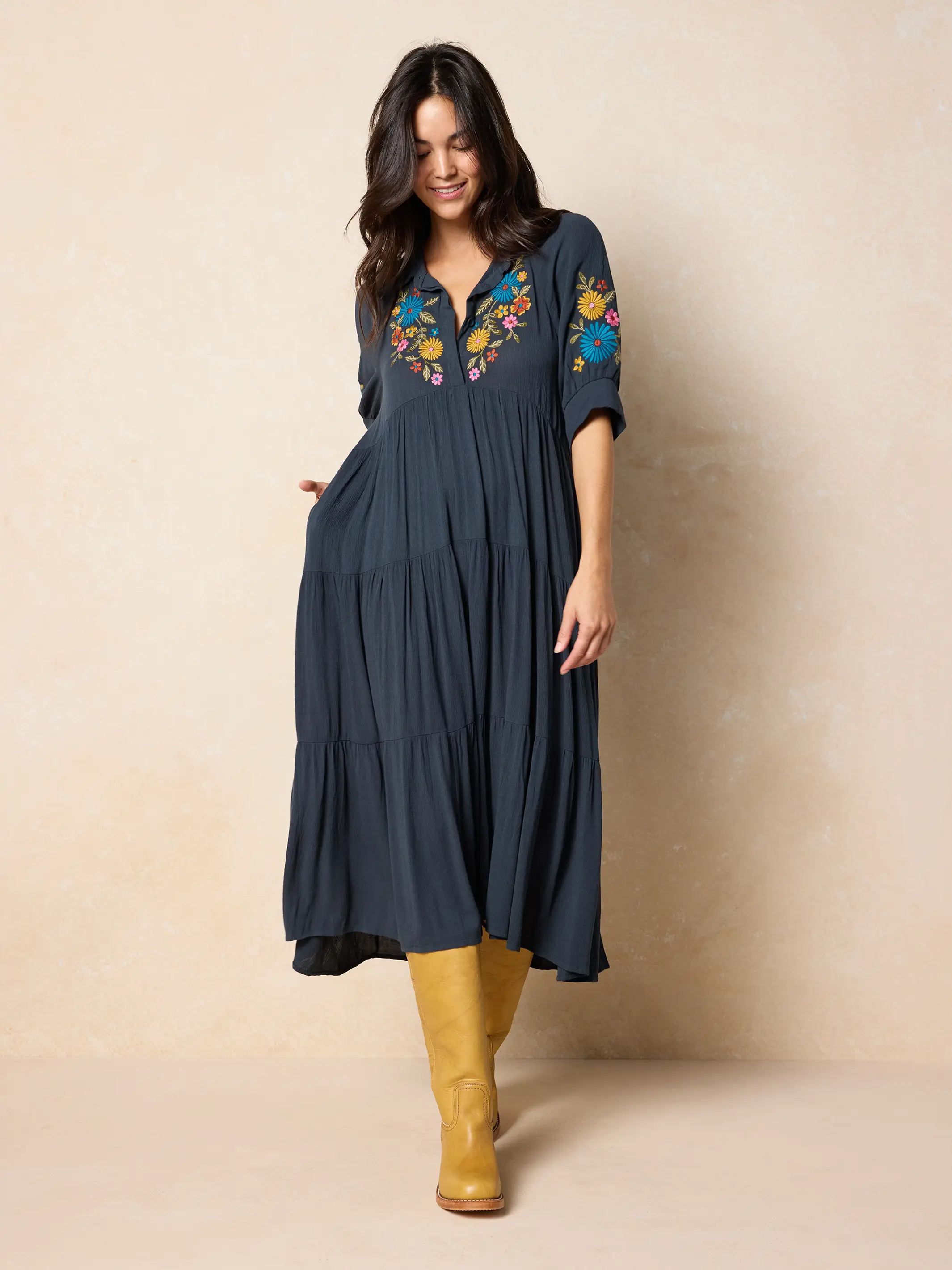 Rebecca Embroidered Midi Dress - Charcoal - Image 2