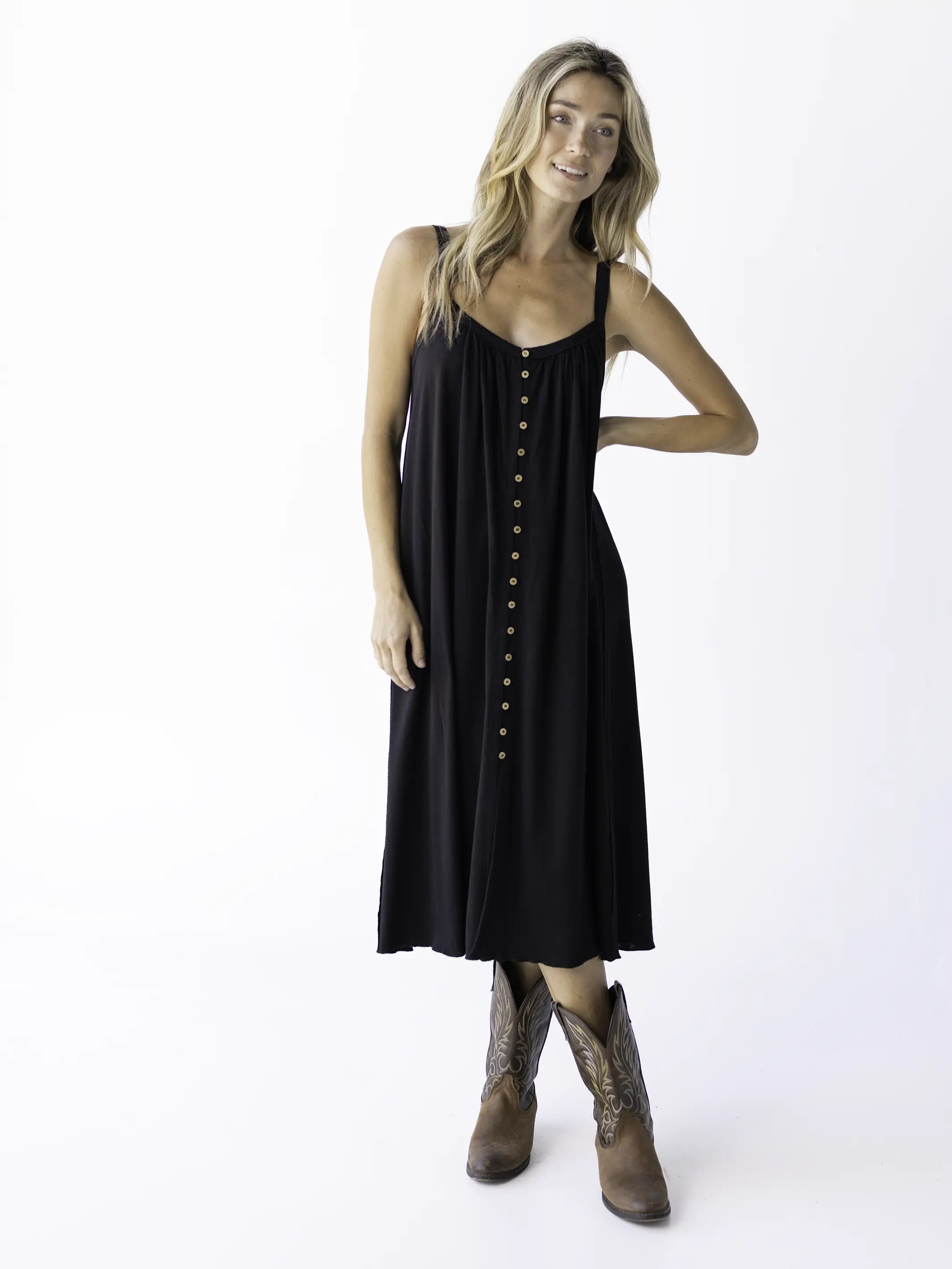 Relaxed Button Down Midi Dress - Black - Image 5