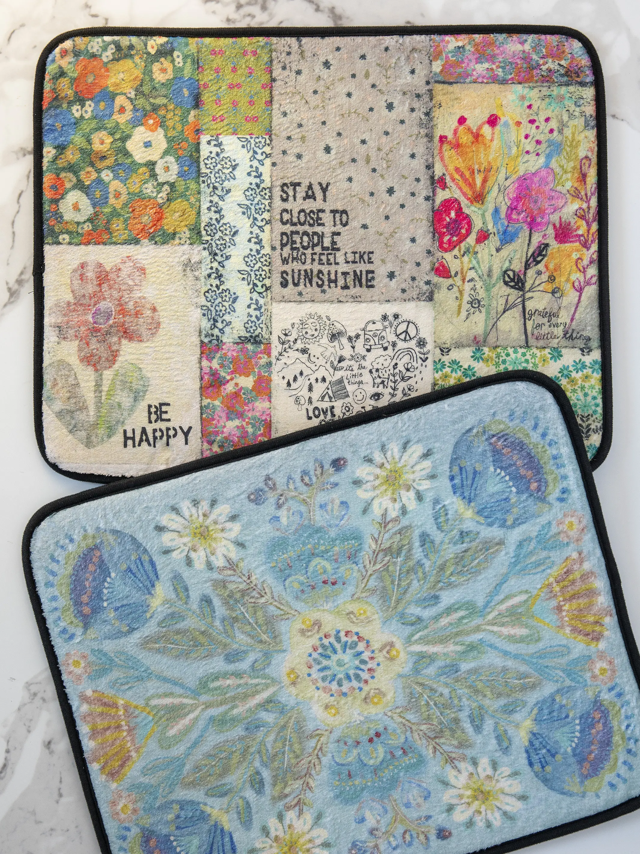 Reversible Dish Drying Mat - Dusty Blue Folk Flower - Image 2