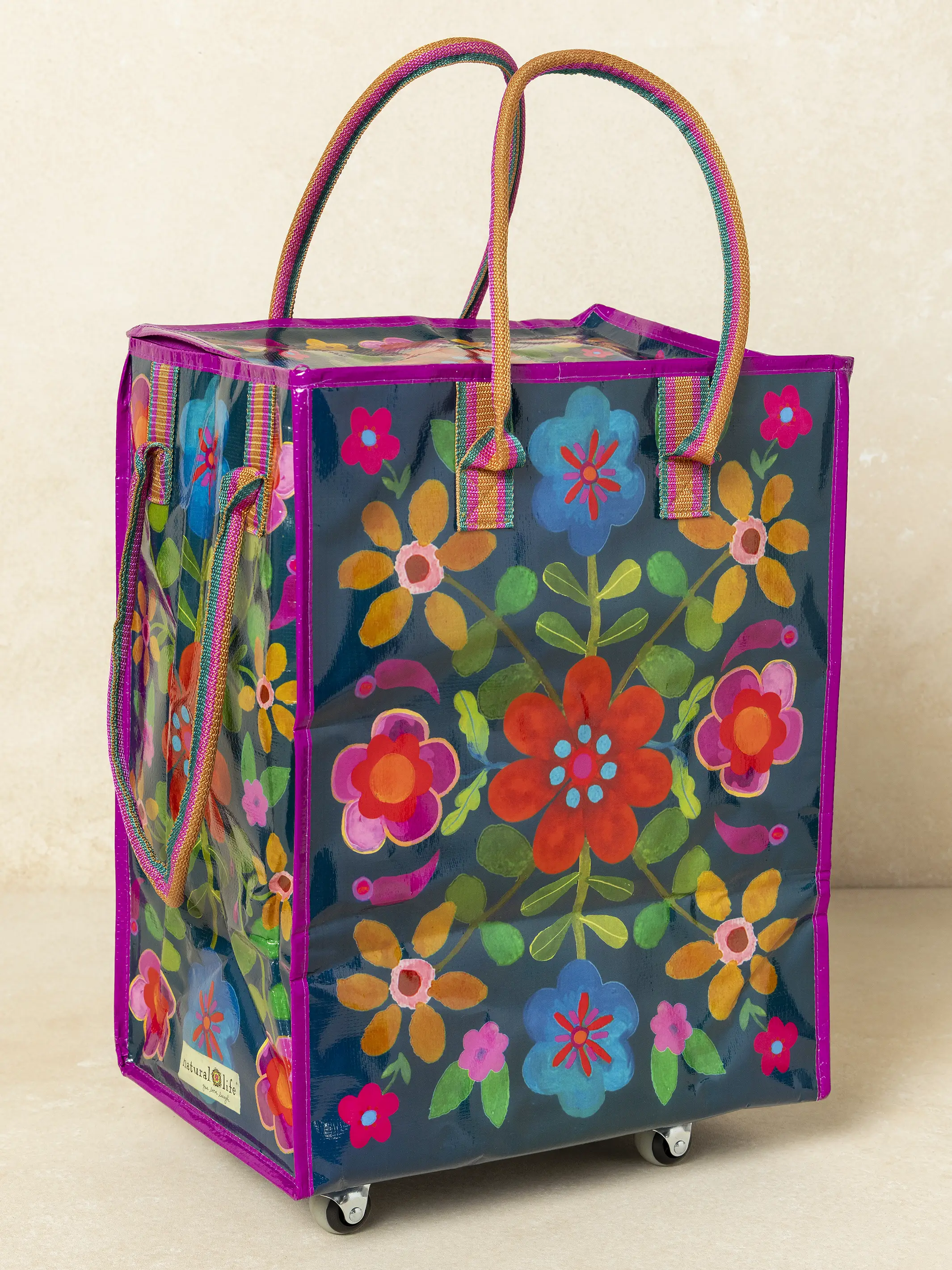 Rolling Tote Bag - Teal Folk Flower - Image 2