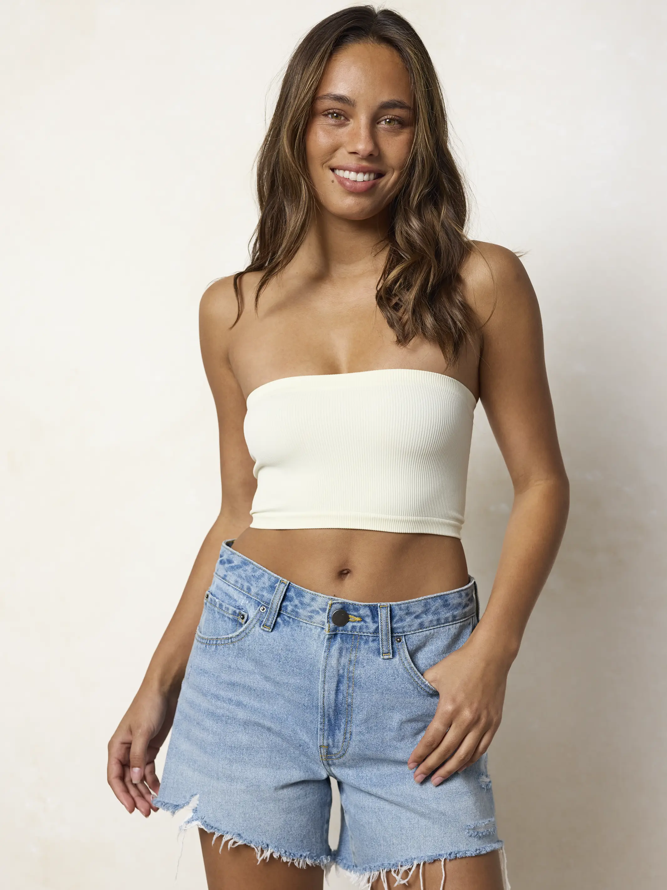 Seamless Ribbed Bandeau Top - Ivory - Image 4