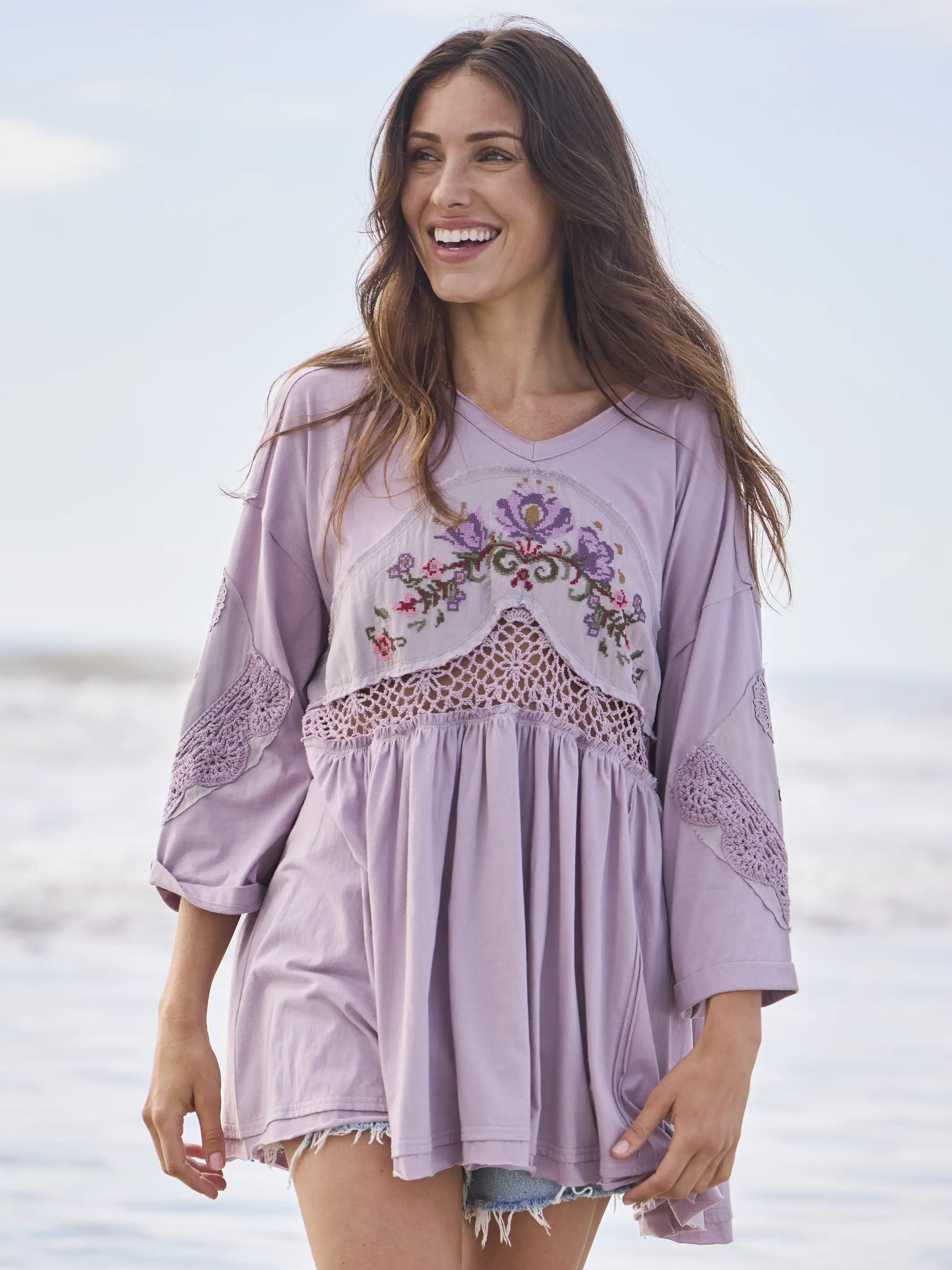 Secret Garden Embroidered Cotton Tunic - Lavender - Image 2