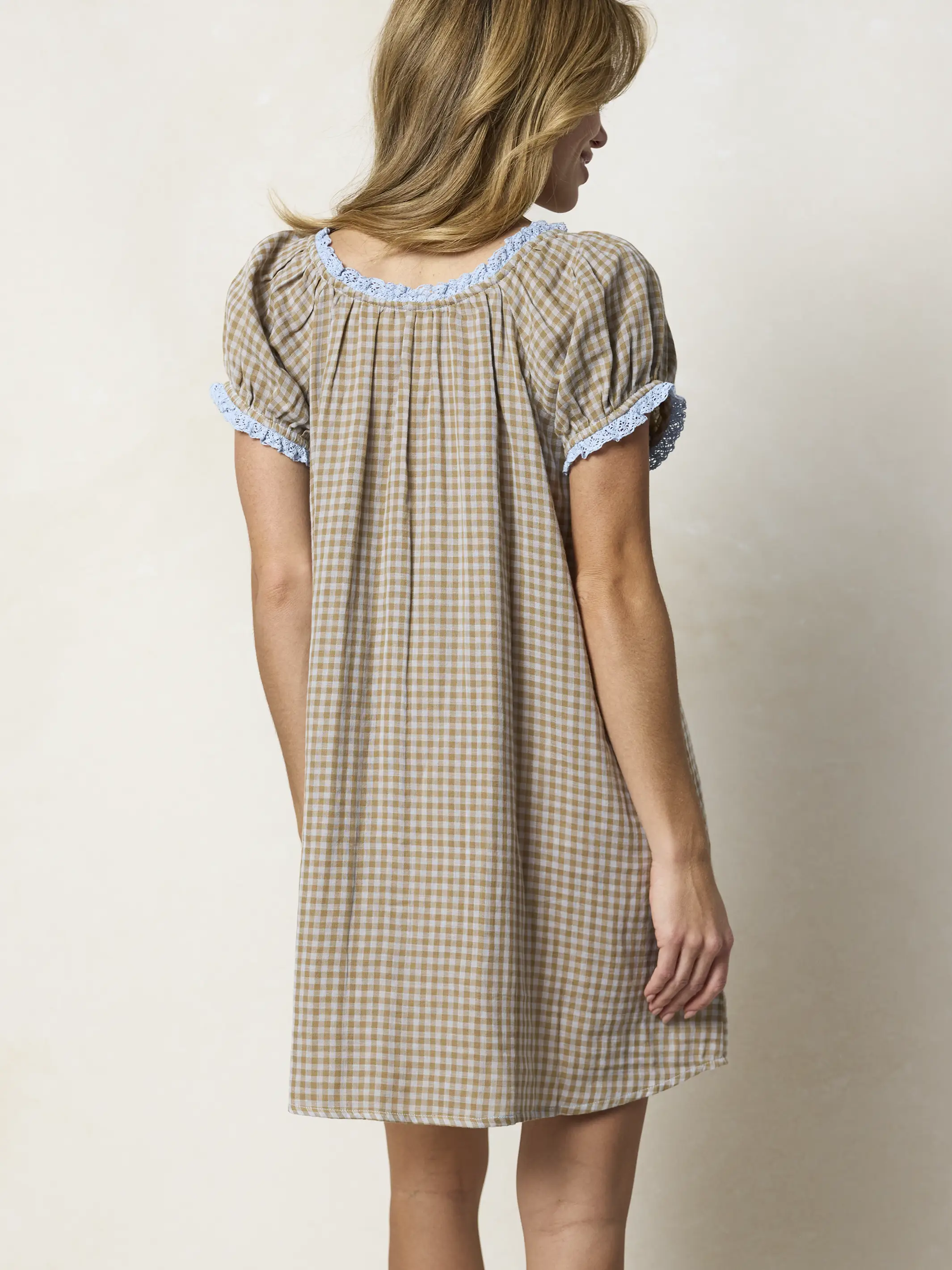 Sweet Nothings Embroidered Cotton Mini Dress - Tan Gingham Plaid - Image 2