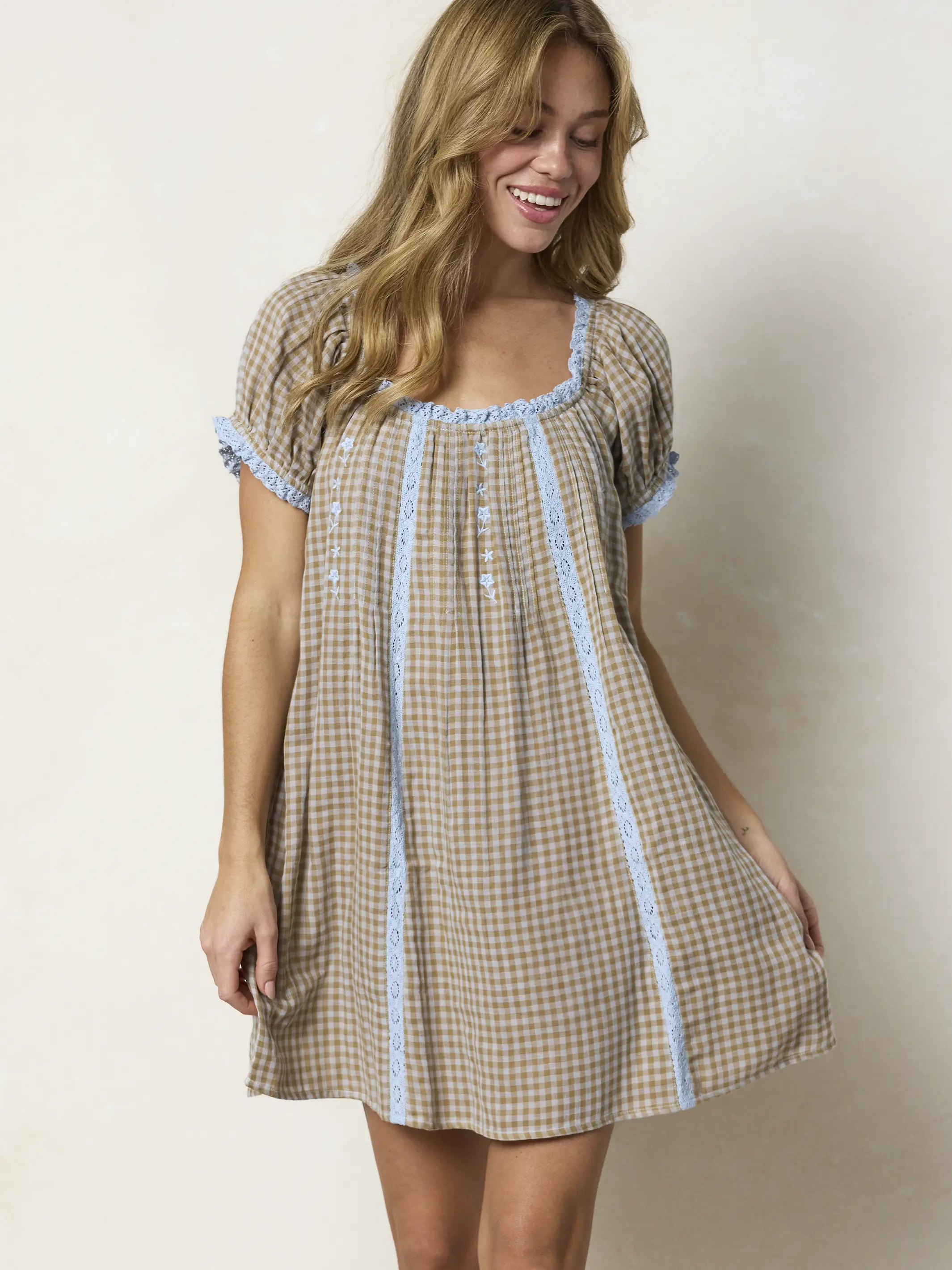Sweet Nothings Embroidered Cotton Mini Dress - Tan Gingham Plaid - Image 5