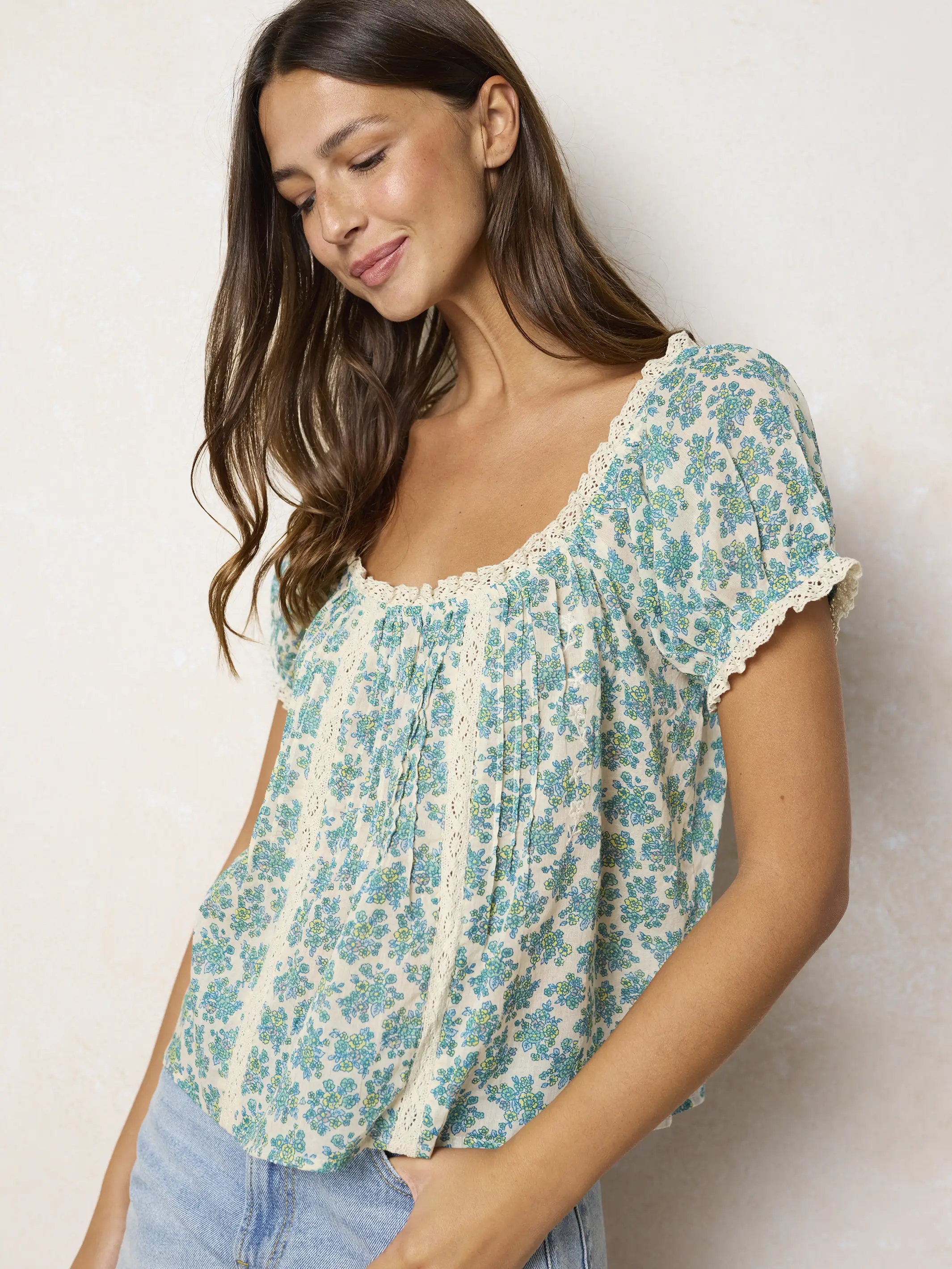 Sweet Nothings Embroidered Cotton Top - Cream Folk Ditsy - Image 4