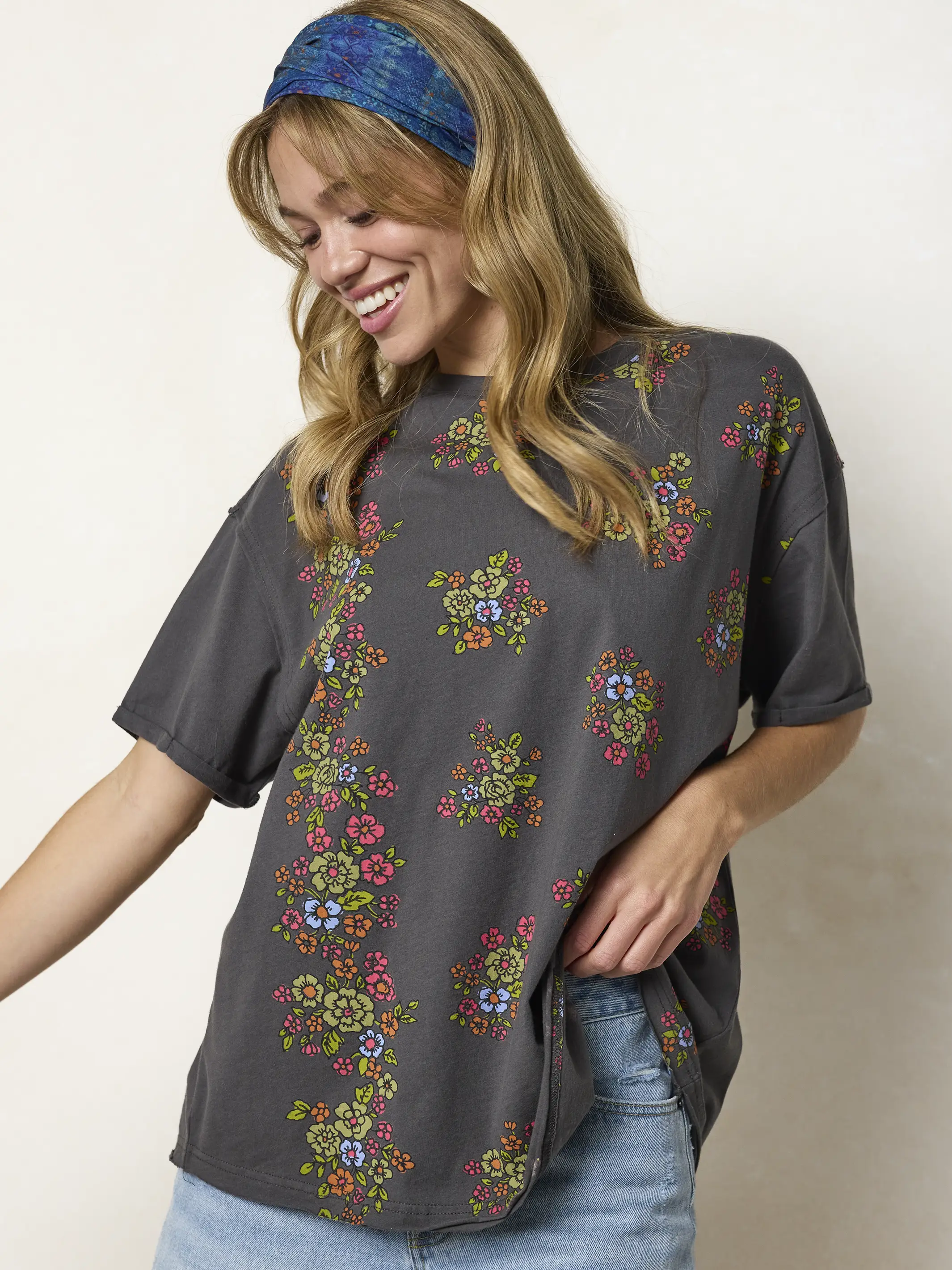 Take It In Cotton Tee - Charcoal Folk Flower - Image 3