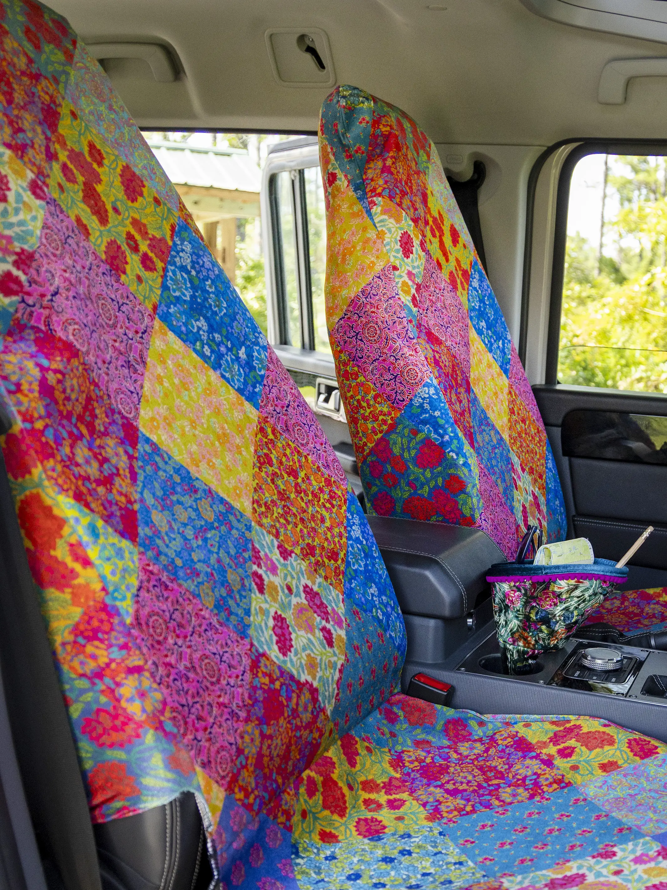 Velvet Front Car Seat Cover, Set of 2 - Rainbow Patchwork - Image 3