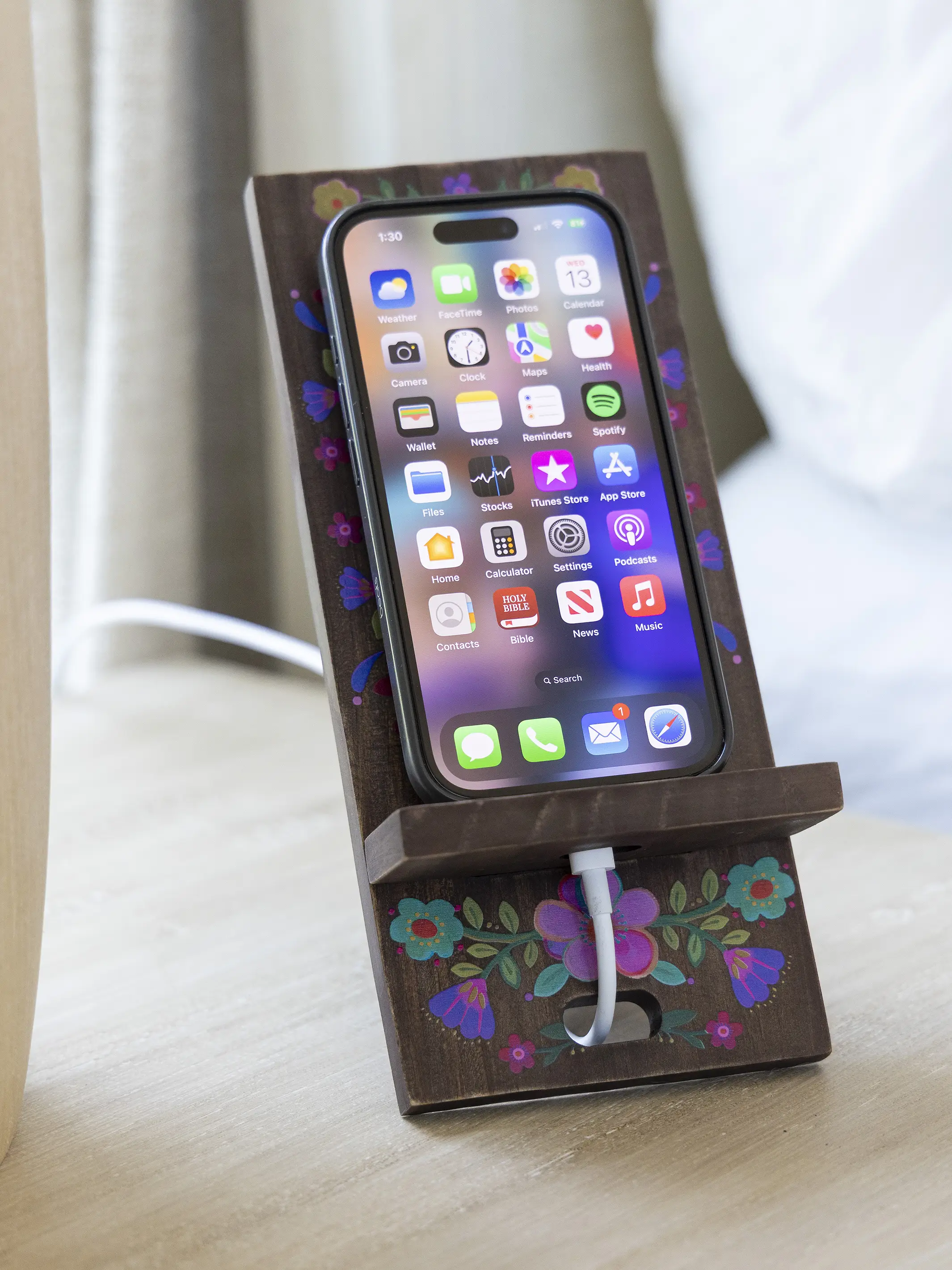 Wooden Phone Stand - Cocoa Folk Flower - Image 2